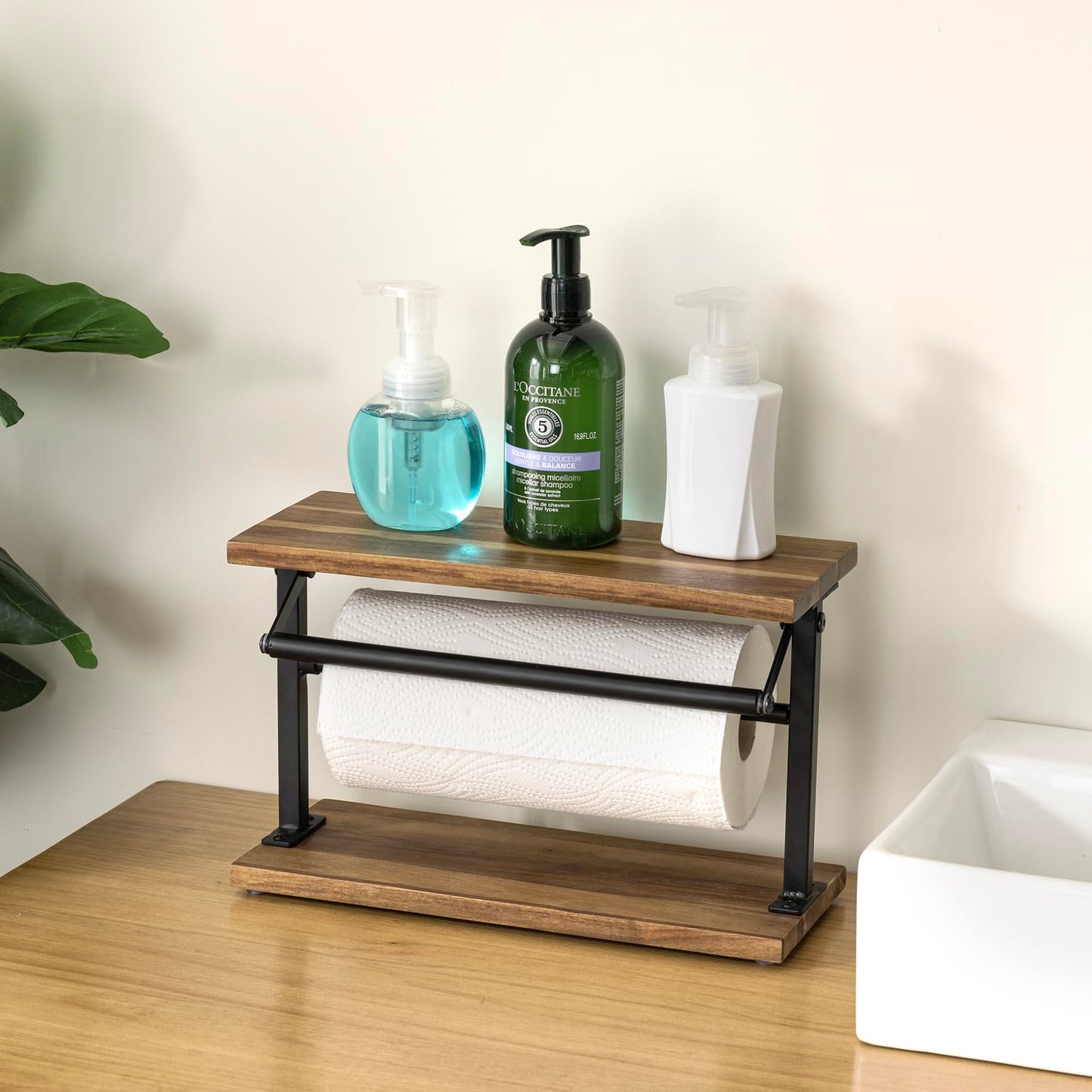 MyGift Premium Solid Acacia Wood Paper Towel Holder with Top Display Shelf and Matte Black Metal Frame, Freestanding Kitchen Countertop Disposable Roll Dispenser Storage Rack