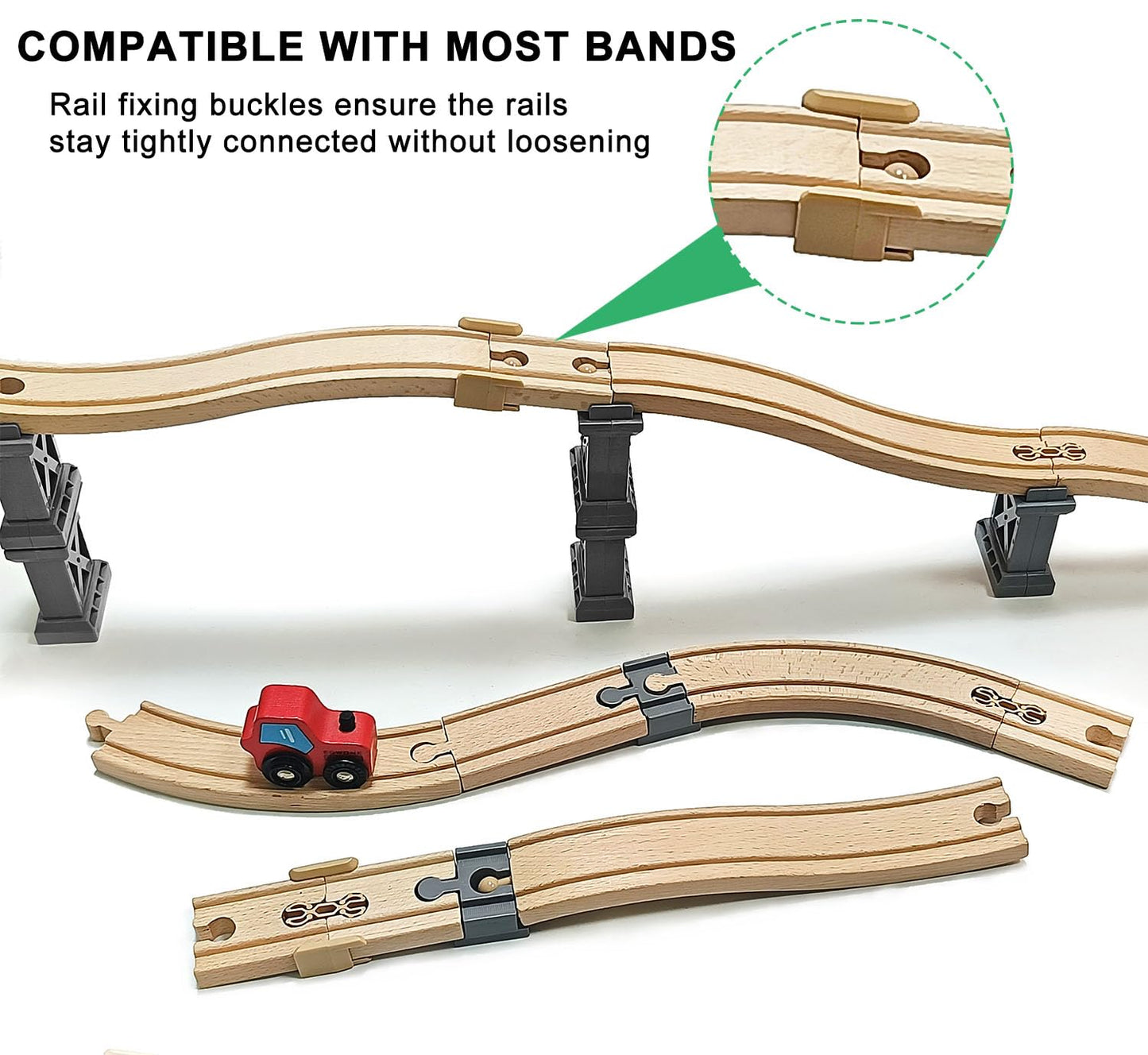 Wooden Train Track Accessories, 32Pcs, Wooden Track Connector, Train Toys Expansion Pack for Major Brands, Wood Train Track, Christmas Birthday Gift for Girls & Boys