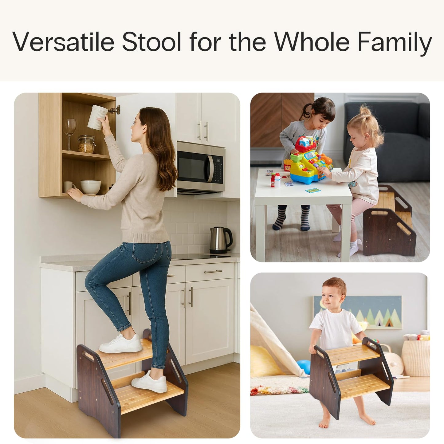 StrongTek Bamboo Kids Step Stool with Handles, 15" Wide Non-Slip Steps, 350 lb Capacity, Portable 2-Step Wooden Footstool, Easy to Assemble & Clean, Ideal for Bathroom, Kitchen, Sink & Toilet