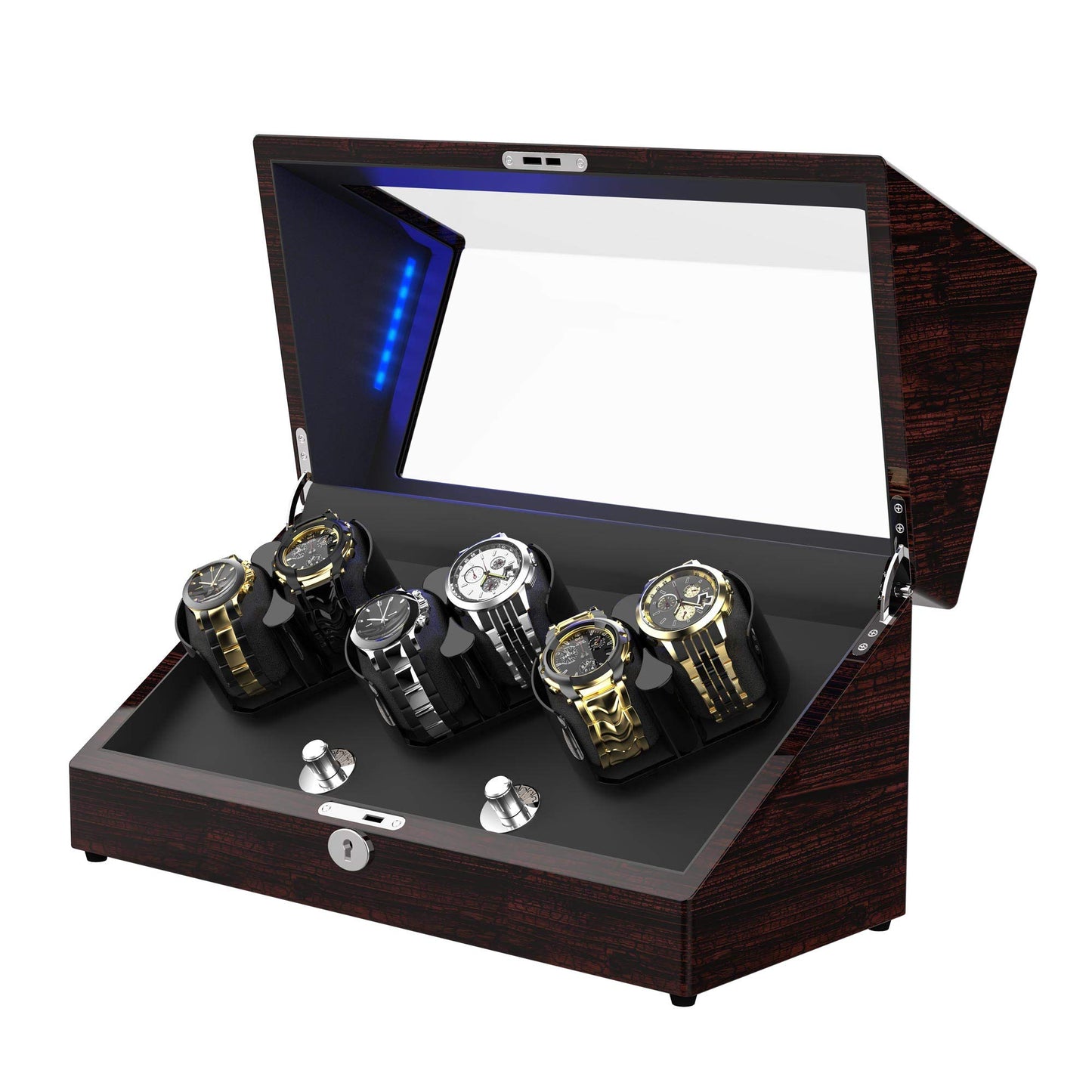 Watch Winder, for Rolex Automatic Watches with Soft and Flexible Watch Pillows, Wooden Shell, Powered by Japanese Motor, Built-in Blue LED Illuminated(Triple Tree) (Pine Bark Pattern)