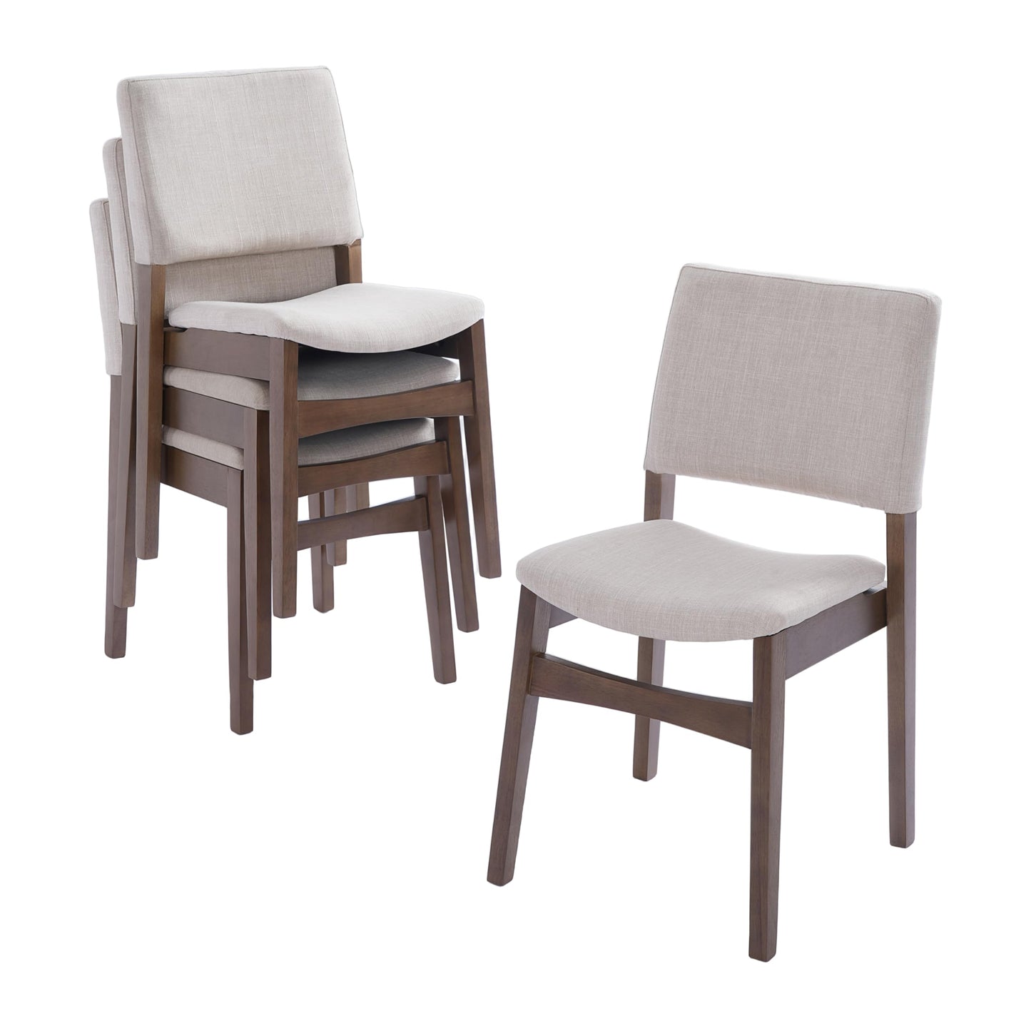 Upholstered Stackable Dining Chairs Set of 2 Linen Fabric Seat Backrest, Solid Wood Frame, Rustic Kitchen Chairs for Dining Room, Living Room, Dark Walnut