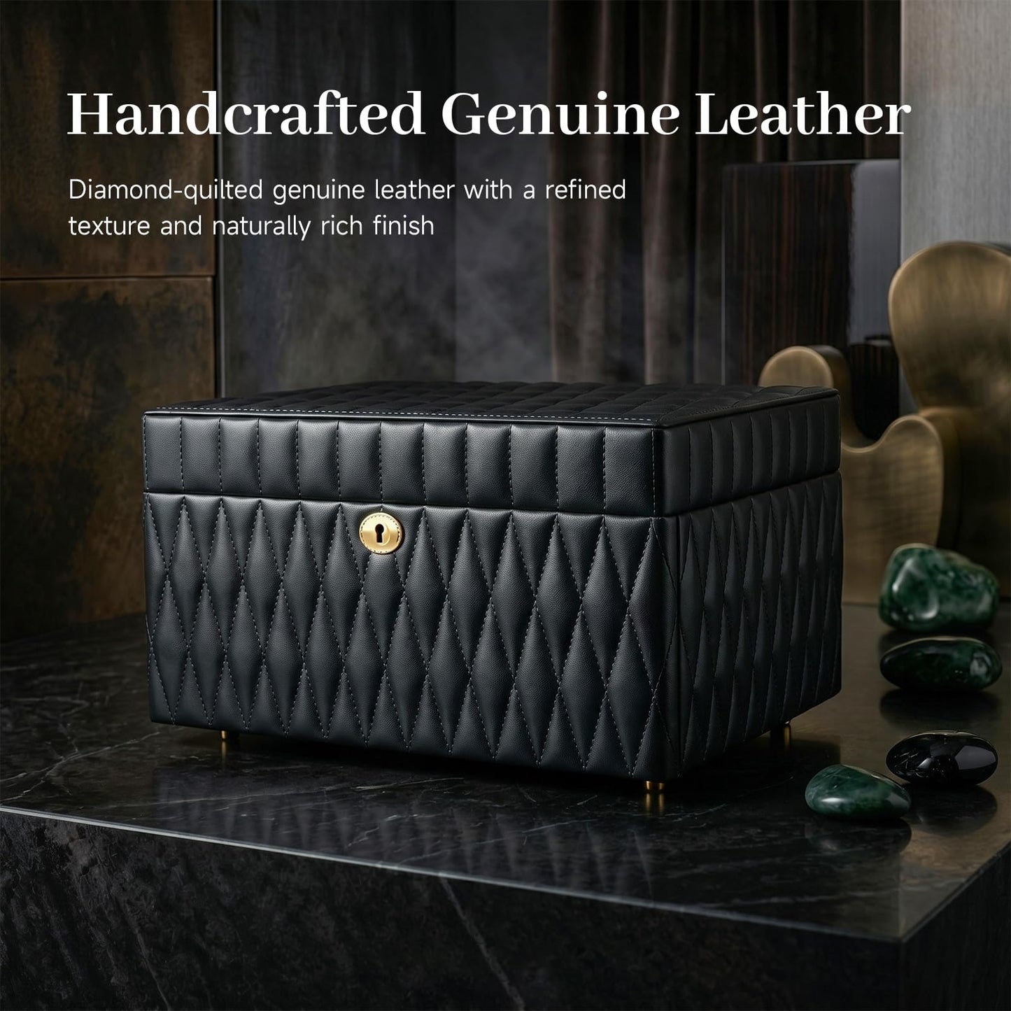 Homruilink Genuine Leather Jewelry Box - 3 Layer Large Jewelry Organizer with Mirror, Lockable Jewelry Box for Women - Necklace, Ring, Earring Organizer with Drawer - Fathers Day Gift (Black)