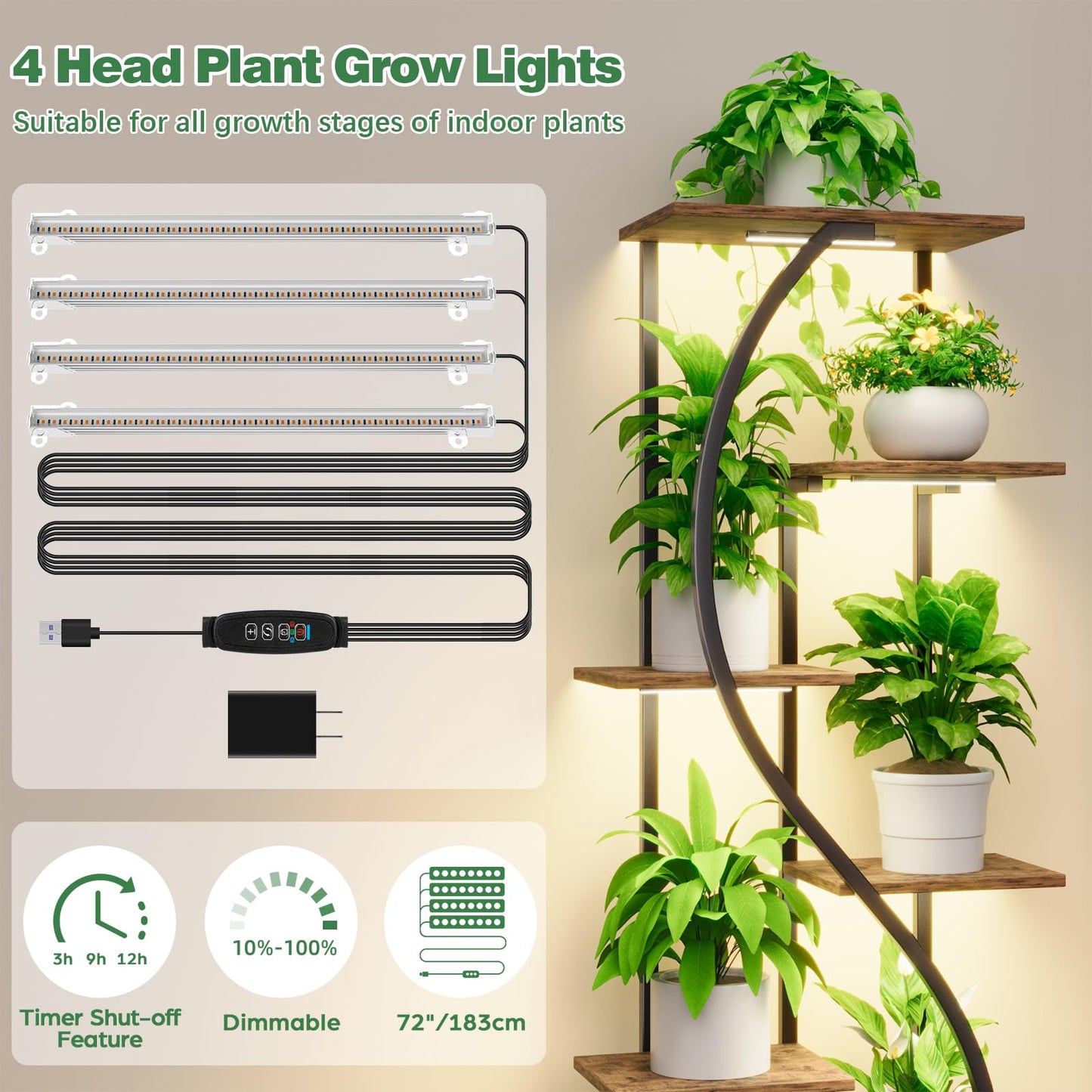 MJOMKN 59" Tall Plant Stand with Grow Light Indoor, 7 Tiered Metal Plant Shelf, S-Shaped Flower Display Stand, Corner Storage Shelf for Living Room, Patio, Balcony Decor