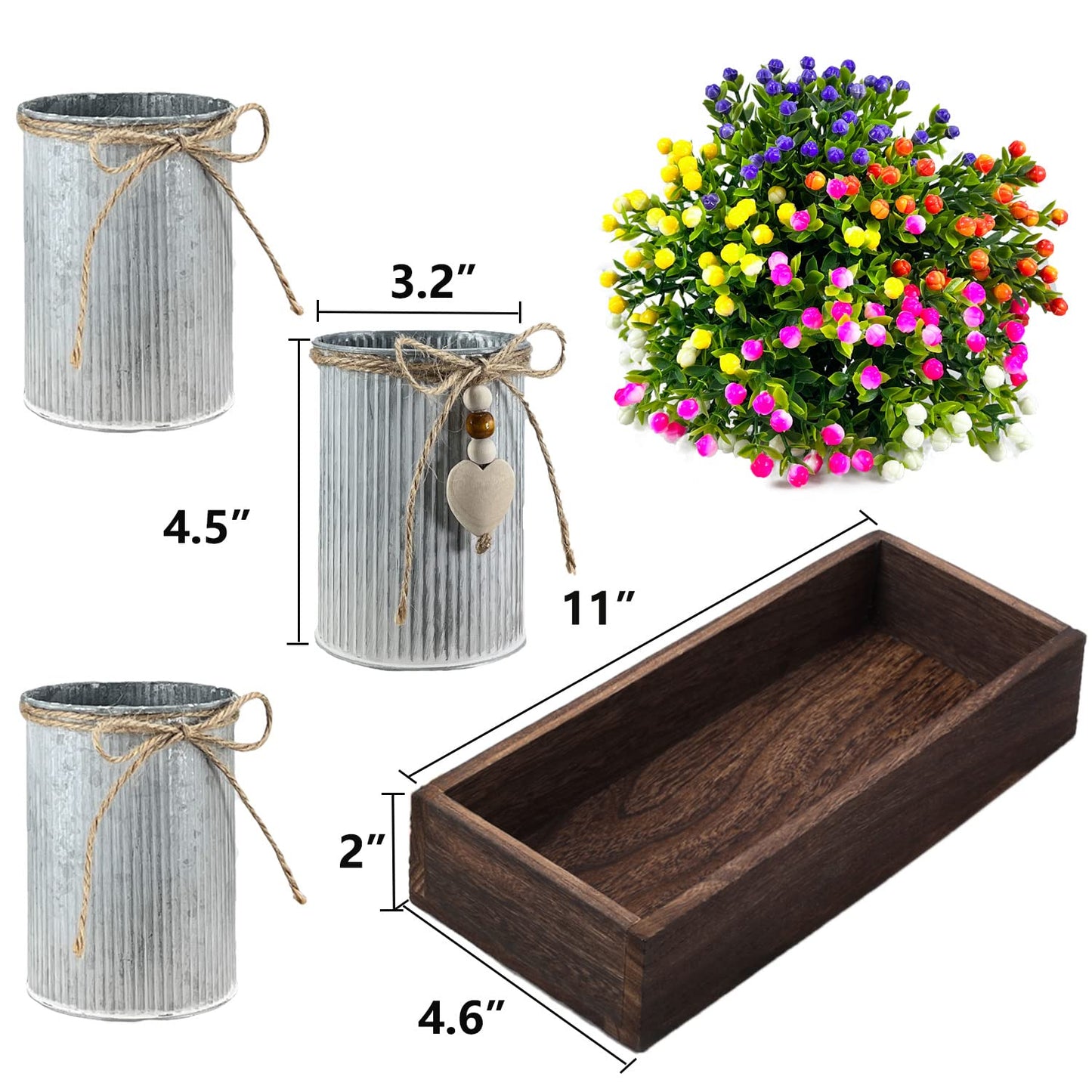 CALAVAK Decorative Centerpiece Wooden Tray with 3 Metal Potted Artificial Milan Flowers Rustic Country Farmhouse Décor for Dining Room, Living Room and Kitchen Table