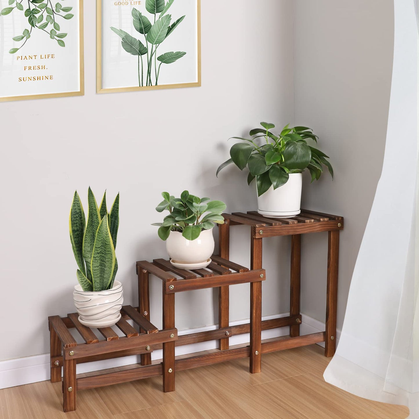 Jotboom Wood 4 Tier Hill Plant Shelf and 3 Tier Ladder Plant Stand