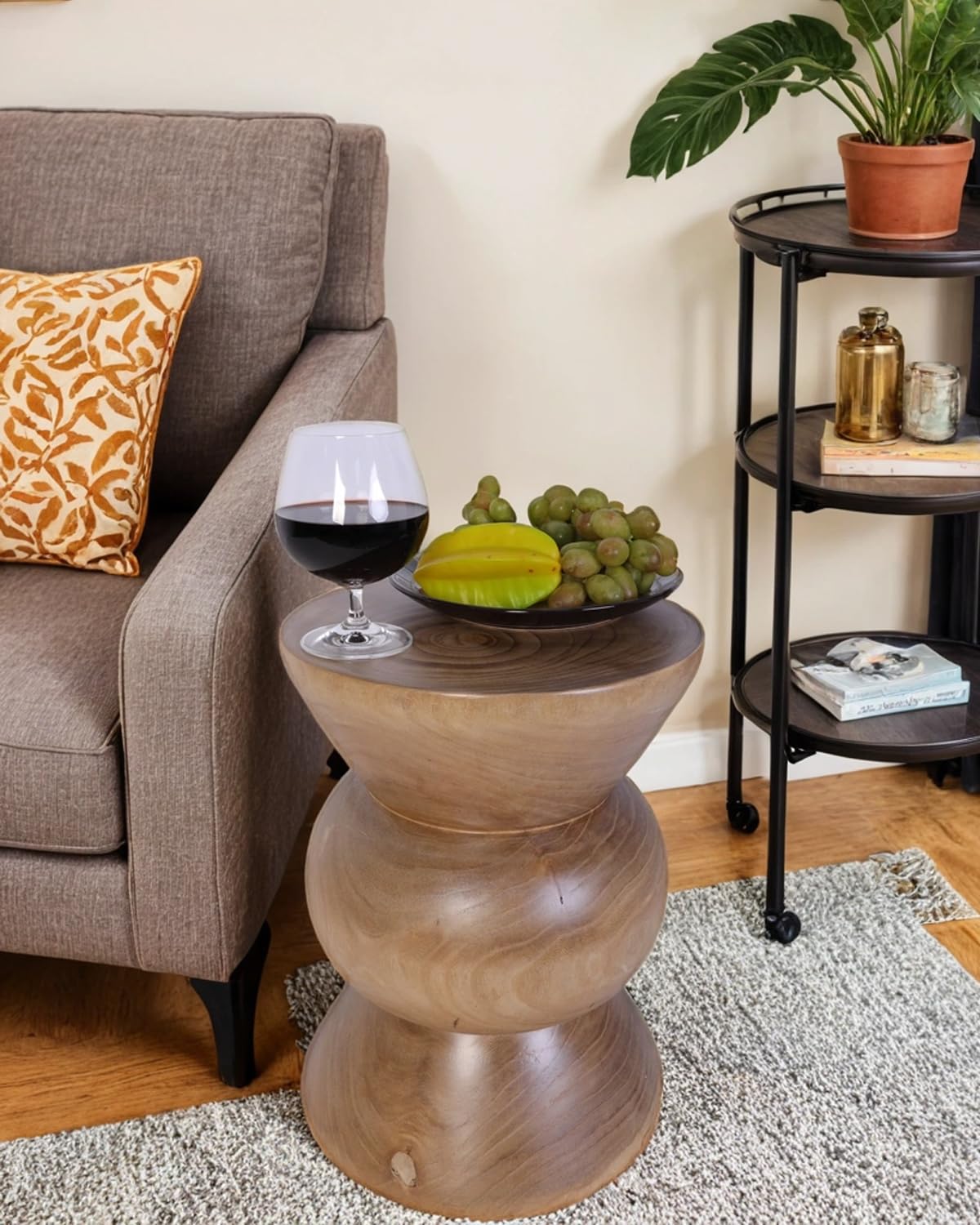Athaliah Wooden Side Table, Hand Carved Rustic Wood Tree Stump End Table, Natural Paulownia Wood Round Coffee Table, Indoor Outdoor Wood Stump Stool for Living Room, Bedroom, Garden, Patio