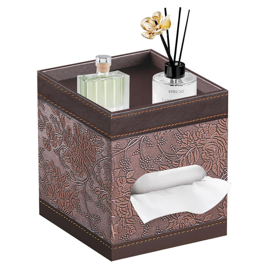 Square Tissue Box Cover with Storage Tray,PU Leather Tissue Cube Box Holder,Decorative Tissue Holders,Modern Tissues Case Napkin Dispenser Facial Paper Organizer for Bathroom Vanity