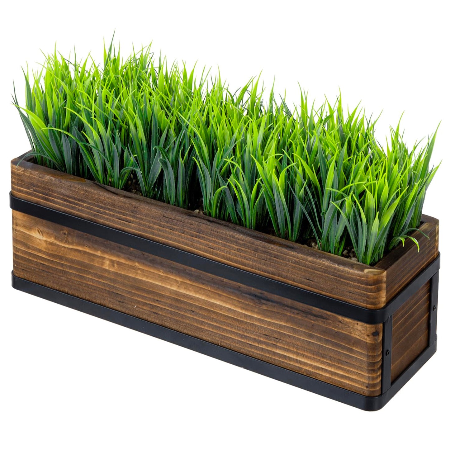 MyGift 14 Inch Artificial Green Grass Plant in Rustic Burnt Wood Planter Box with Industrial Black Metal Accents, Realistic Greenery Tabletop Centerpiece