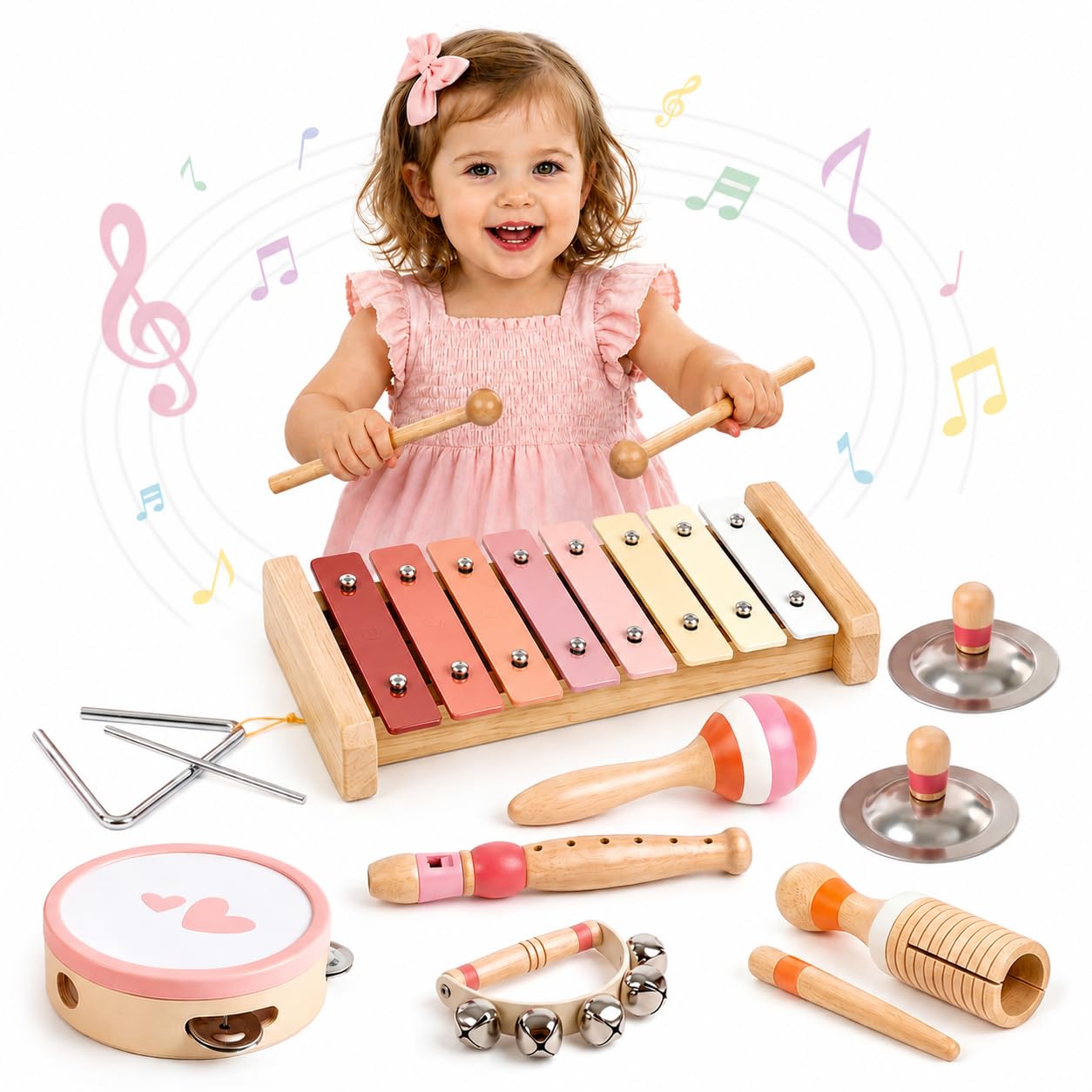 Vanplay Musical Toys for 2 Year Old Girls Birthday Gifts, Montessori Toys for 2 3 Year Old, 8 in 1 Wooden Musical Instruments with Xylophone/ Tambourine/Maracas for Toddler 2-4