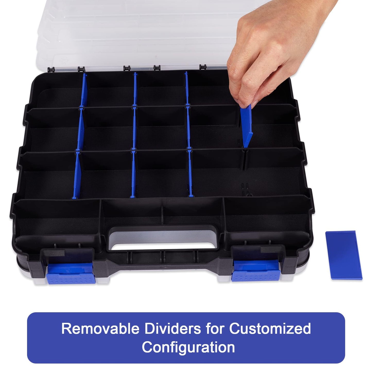Hardware Organizer Box with 34 Compartments & Removable Dividers - Durable Plastic Double Side Tools Box for Nuts, Bolts, Screws, Nails & Small Hardware (Blue)