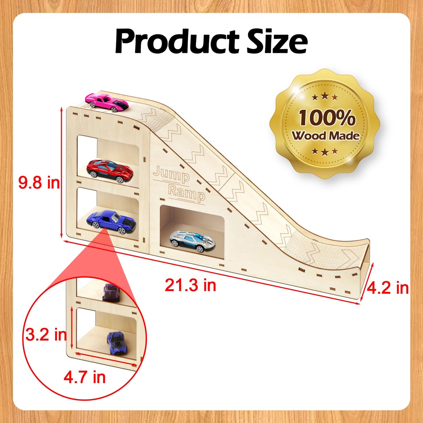 Wooden Toy Cars Jump Ramp, Toy Car Track Set for Hot Wheels, Race Cars Track for Hot Wheels and Diecast Cars, Wood Jump Ramp for Hotwheels, Playing Storage Display Race Set