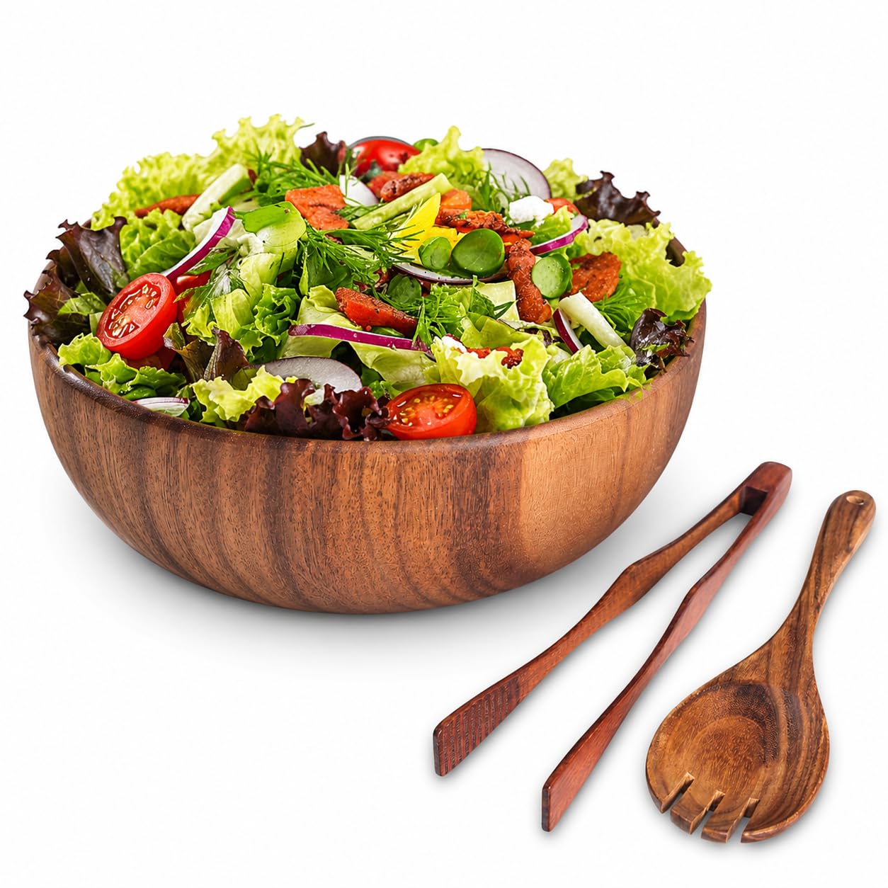 TNCANJU Acacia Wood Salad Bowl Set with Serving Utensils, 9 Inch Wooden Serving Bowl with Salad Fork and Tongs, One-Piece Glue-Free Crack Resistant Bowl for Salad, Fruit, Pasta and Snacks