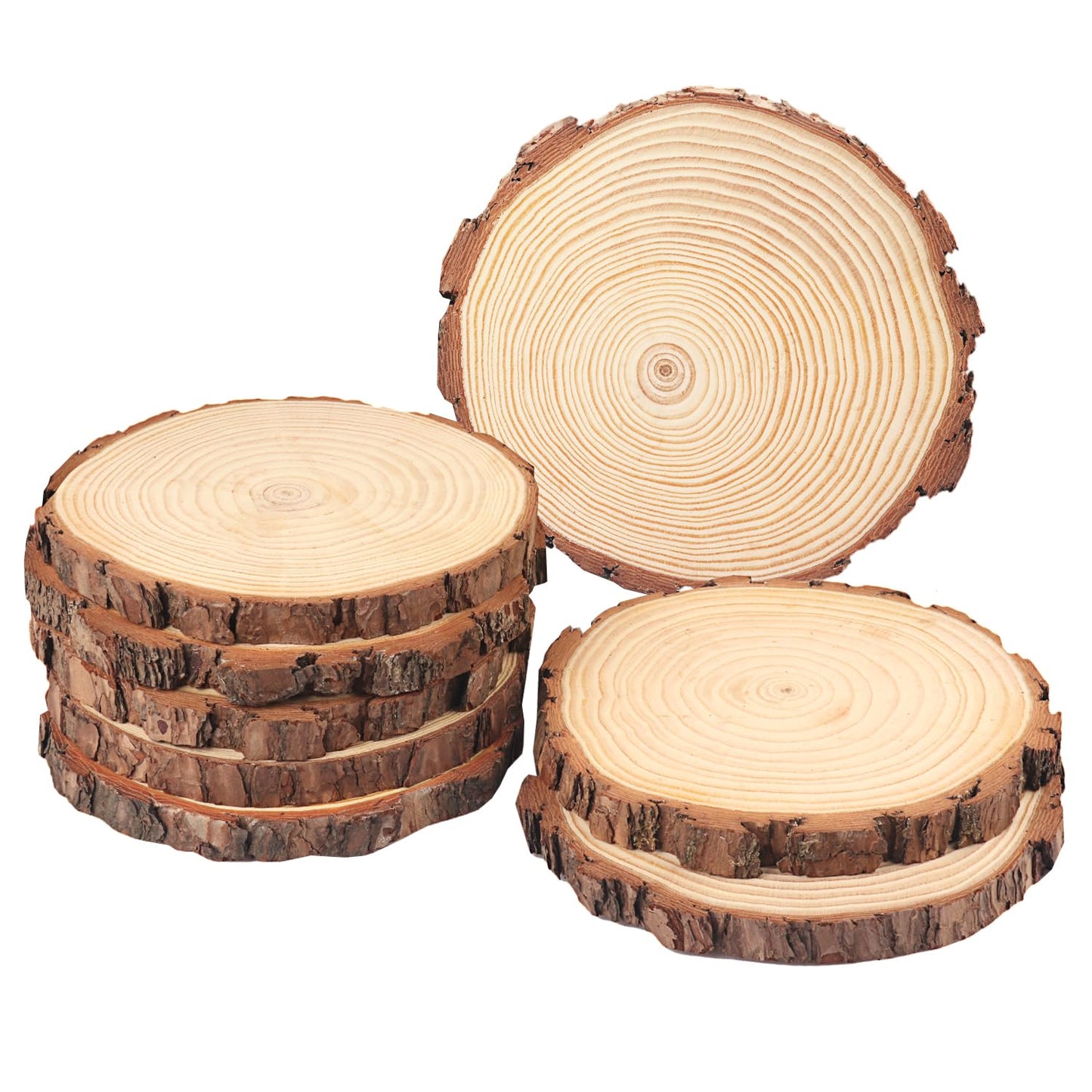 8 PCS 8-9 Inch Natural Wood Slices, Unfinished Pine Wood Circles with Barks for Coasters, DIY Crafts, Christmas Rustic Wedding Ornaments and Centerpieces,by GNIEMCKIN.