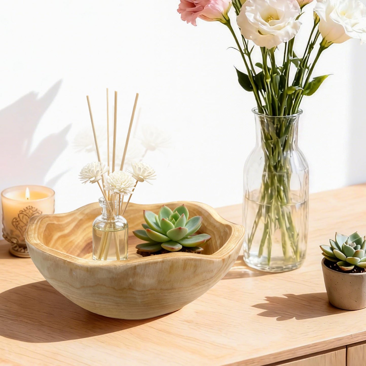Fakindiy Handmade Wooden Decorative Fruit Bowl 8-10in - Irregular Wood Bowl for Kitchen Counter,Wooden Serving Bowl for Salads Snacks Keys and Home Decor (8-10in/20-24cm)