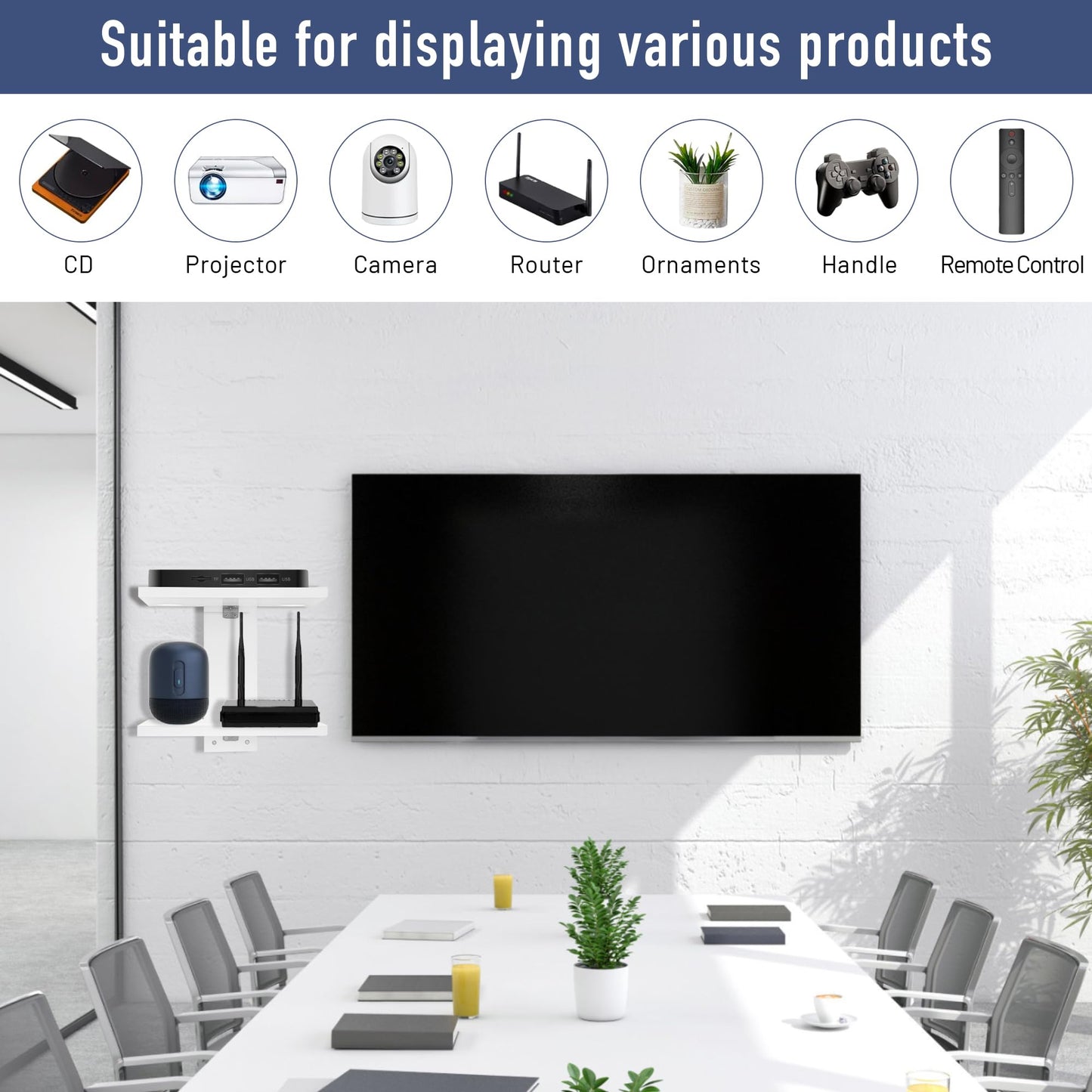 NIUBEST Floating Projector Wall Mount TV Shelf,Wooden Wall Mounted Under TV Floating Shelf for Projector, PS5, DVD Player,Game Console, Cable Box,2Tiers（White）