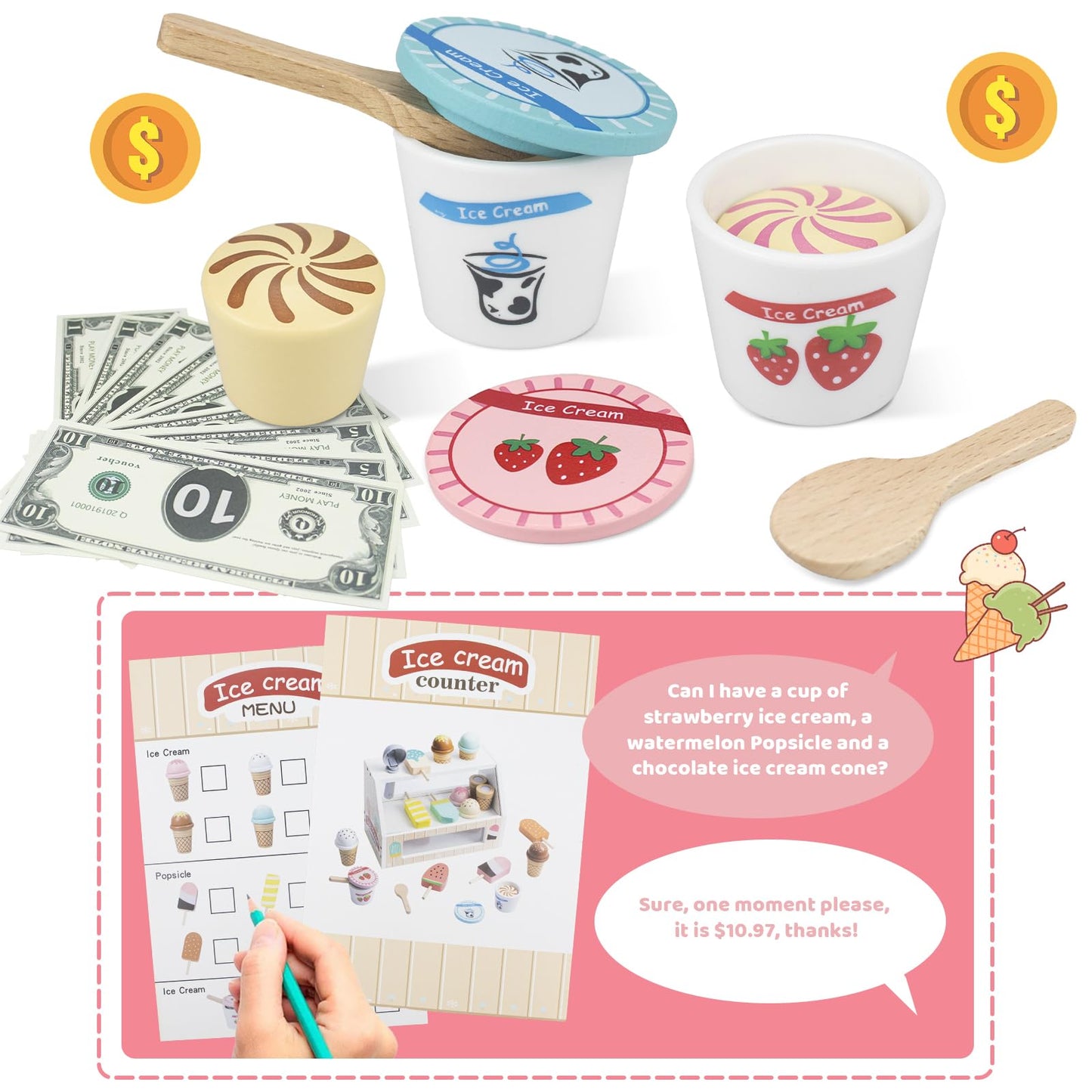 Wooden Ice Cream Toys – 32 pcs Pretend Ice Cream Play Set with Scooper, Menu, Fake Money & Storage | Wooden Play Store Counter Shop & Toy Gift for Toddlers Girls Boys Ages 3 4 5 6 7 8