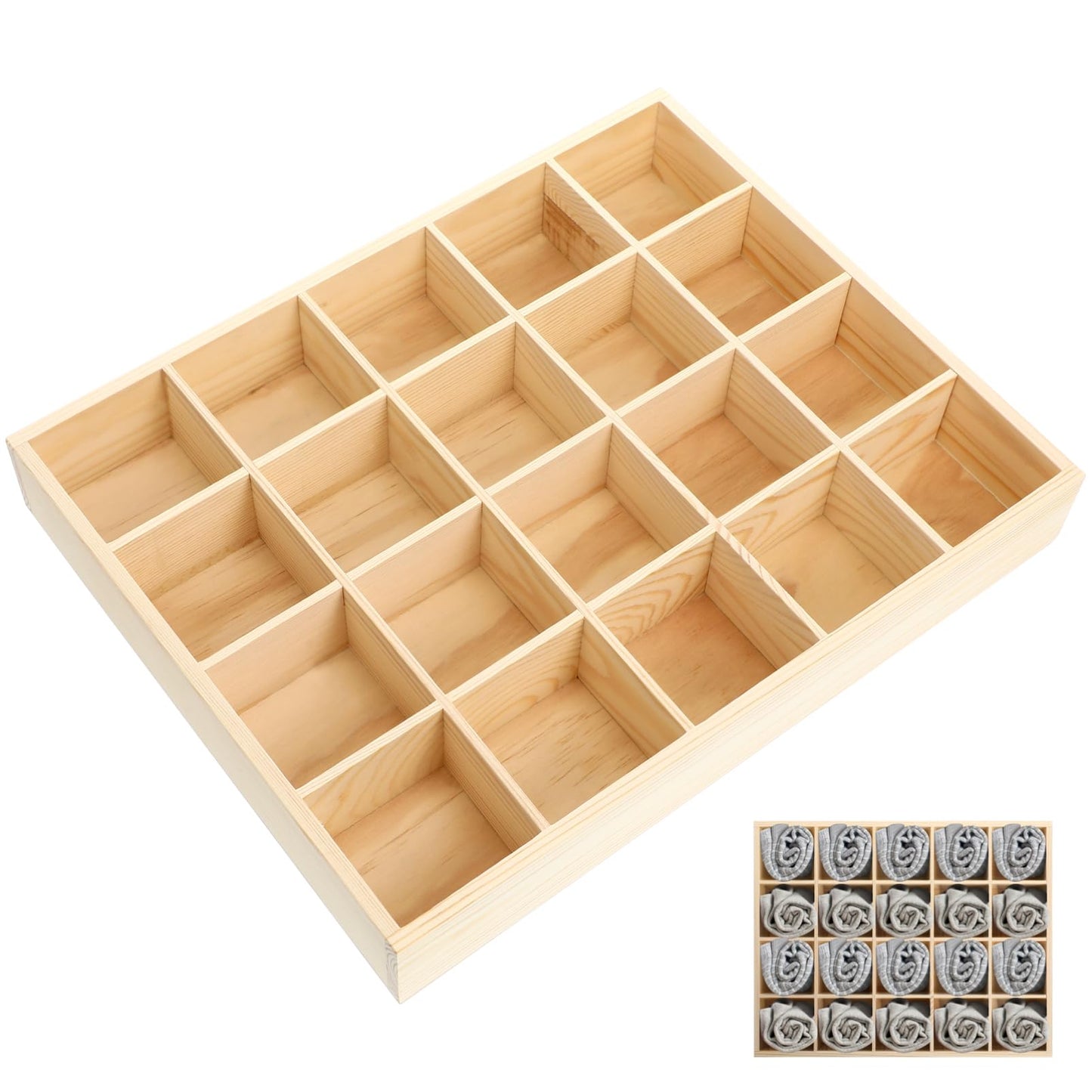 Cabilock 20-Compartment Wooden Drawer Organizer - 13x11 inch Solid Pine Wood Shallow Socks and Underwear Divider, Stackable Small Items Storage Tray for Dresser & Closet (2.37" Grid)