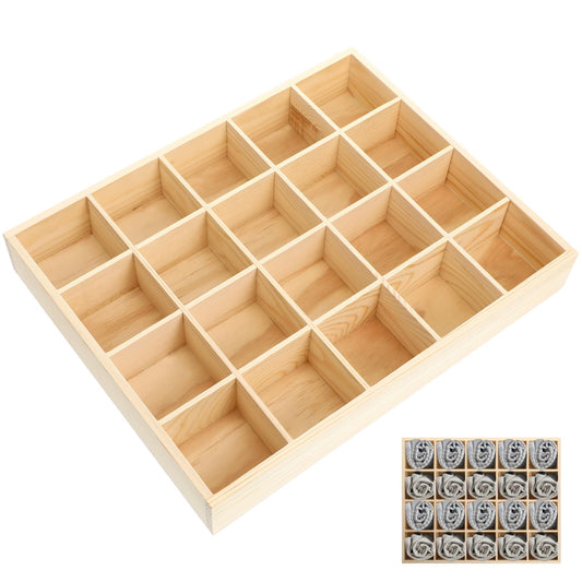 Cabilock 20-Compartment Wooden Drawer Organizer - 13x11 inch Solid Pine Wood Shallow Socks and Underwear Divider, Stackable Small Items Storage Tray for Dresser & Closet (2.37" Grid)