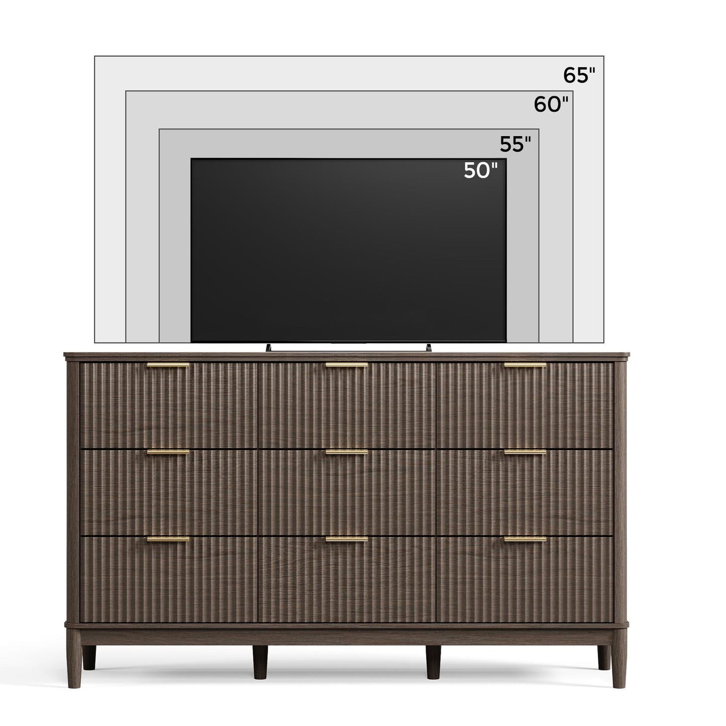 LINSY HOME Fluted Dresser for Bedroom with 9 Drawers, 58" Wide Mid Century Modern Dresser, Tall Boho Chest of Drawers, Large Wood Accent Storage Cabinet for Living Room, Curved Profile Design, Walnut