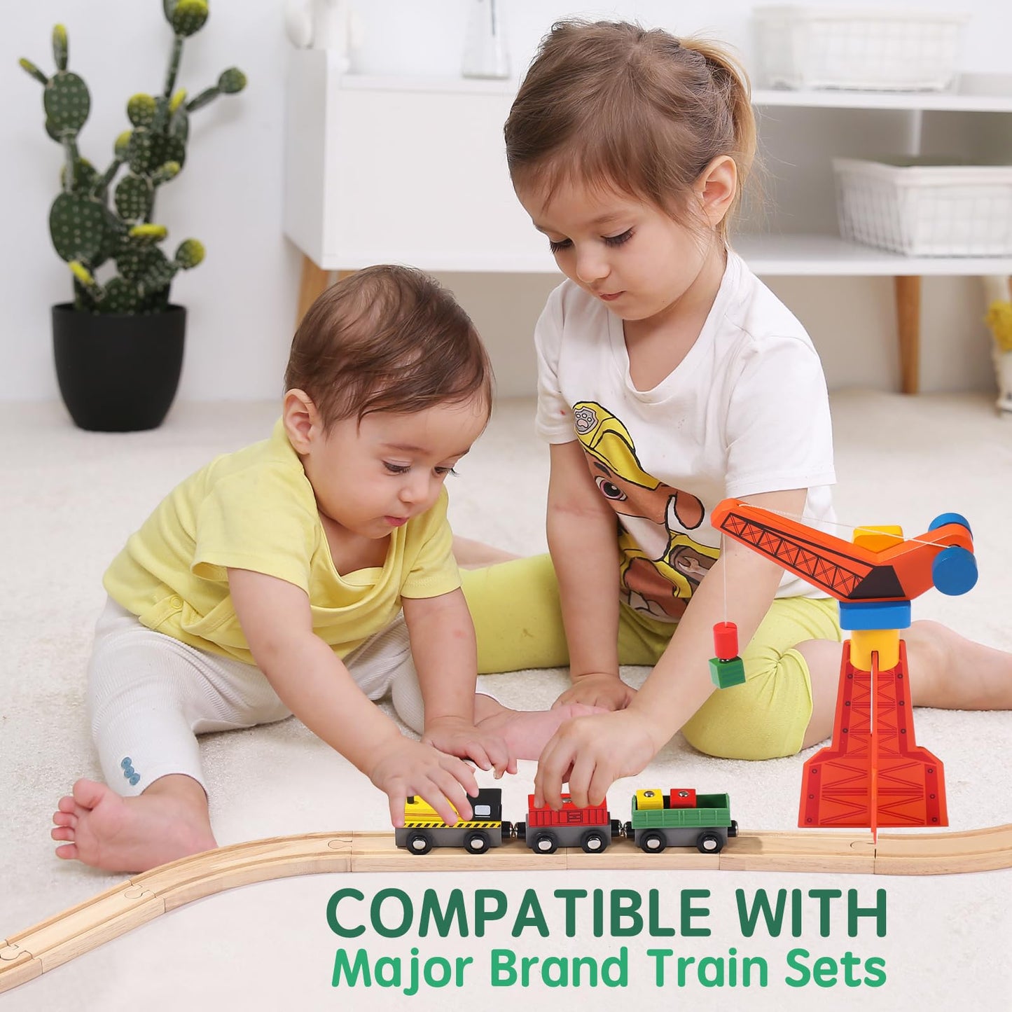 KiToyWod Wooden Train Track Set 62pcs, Wood Railway Systems Accessories Expansion Pack with Train + Crane, for 3-10 Years Toddlers Birthday Gift, Christmas Toys, Compatible with Major Brands (62 PCS)