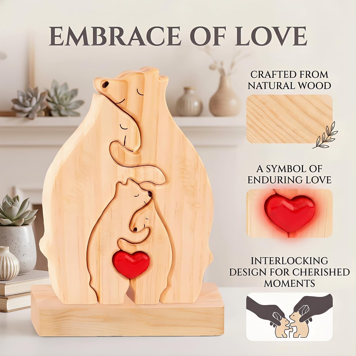 Personalized Wooden Bears Family Puzzle with Heart Decorations, Blank Bear Sculptures with Base for Home Decor, Housewarming Birthday Gift for Parents (4 Bears)
