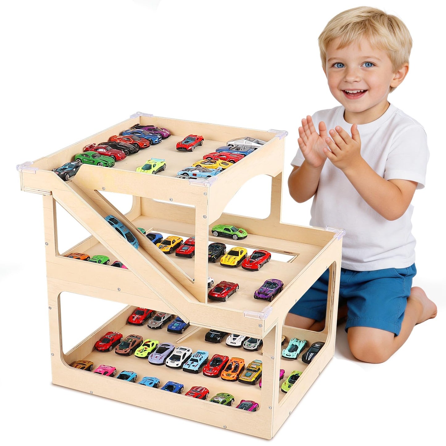 Wooden Display Case For Hot Wheels & Matchbox, 3-Level Large Capacity 1/64 Scale Matchbox Hot Wheels Toy Car Display Case Parking Garage With Ramp Diy Scale Diecast Toy Car Storage Box For 50 Toy Cars