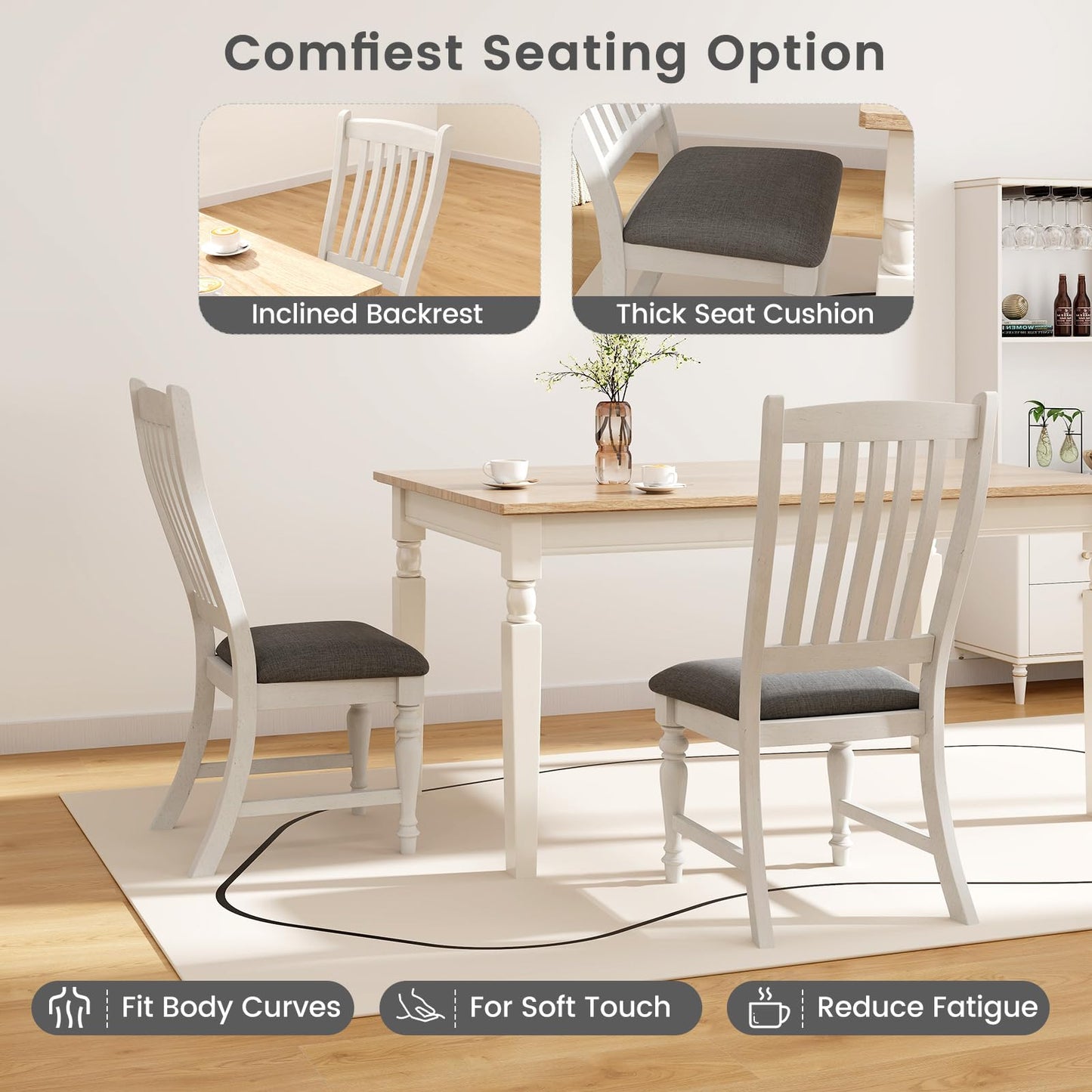 Giantex Wood Dining Chairs Set of 2, Farmhouse Kitchen Chairs with Solid Wood Frame, Max Load 355 Lbs, Armless Upholstered Dining Side Chairs with Cushion Seat, Slat Back Dining Room Chair, White