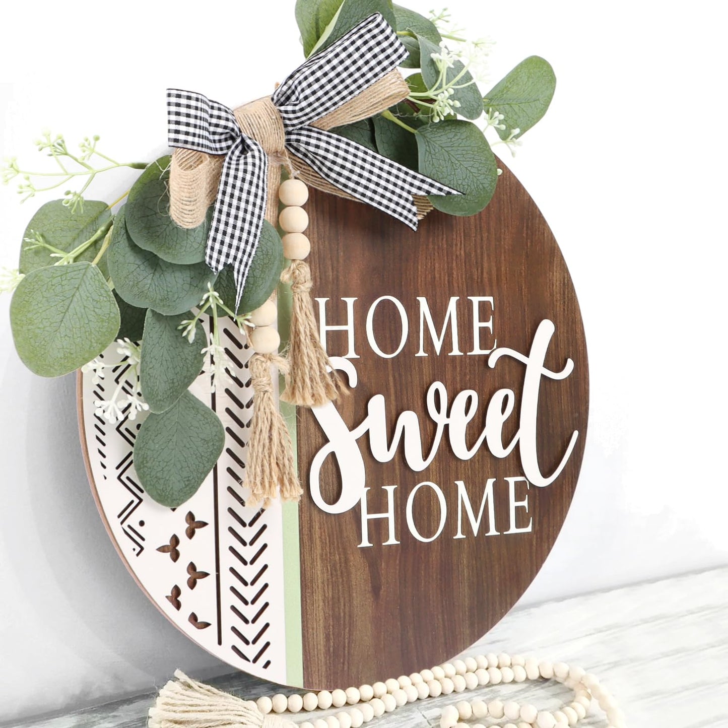 TOARTi 3D Welcome Front Door Wreath Porch Decor, Wooden Home Sweet Home Boho Outdoor Sign Hanging, Farmhouse Aztec Wall Sign Hanger with Artificial Leaves&Rustic Beads