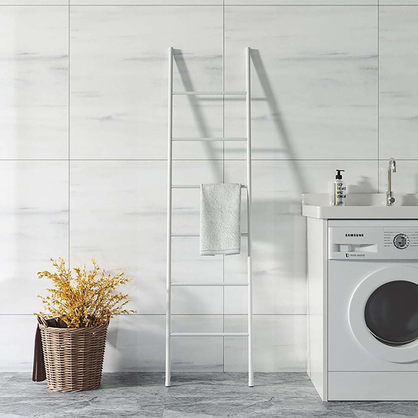 Metal Towel Ladder, Free Standing Wooden Towel Rack for Bathroom, Wall Leaning Blanket Holder, Multi-Tier Bath Towel Stand