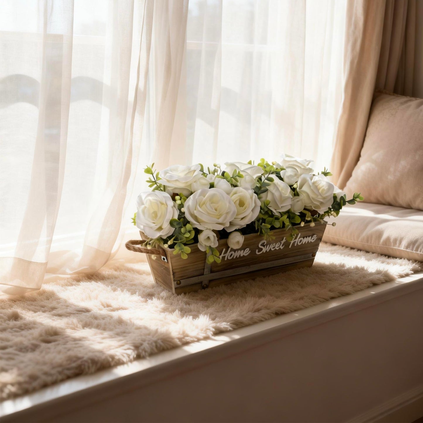 ANMAYNICE Artificial Rose Flower Arrangement with Eucalyptus in Wooden Planter, Faux Flowers Farmhouse Table Centerpiece, “Home Sweet Home” Rustic Home Décor, White