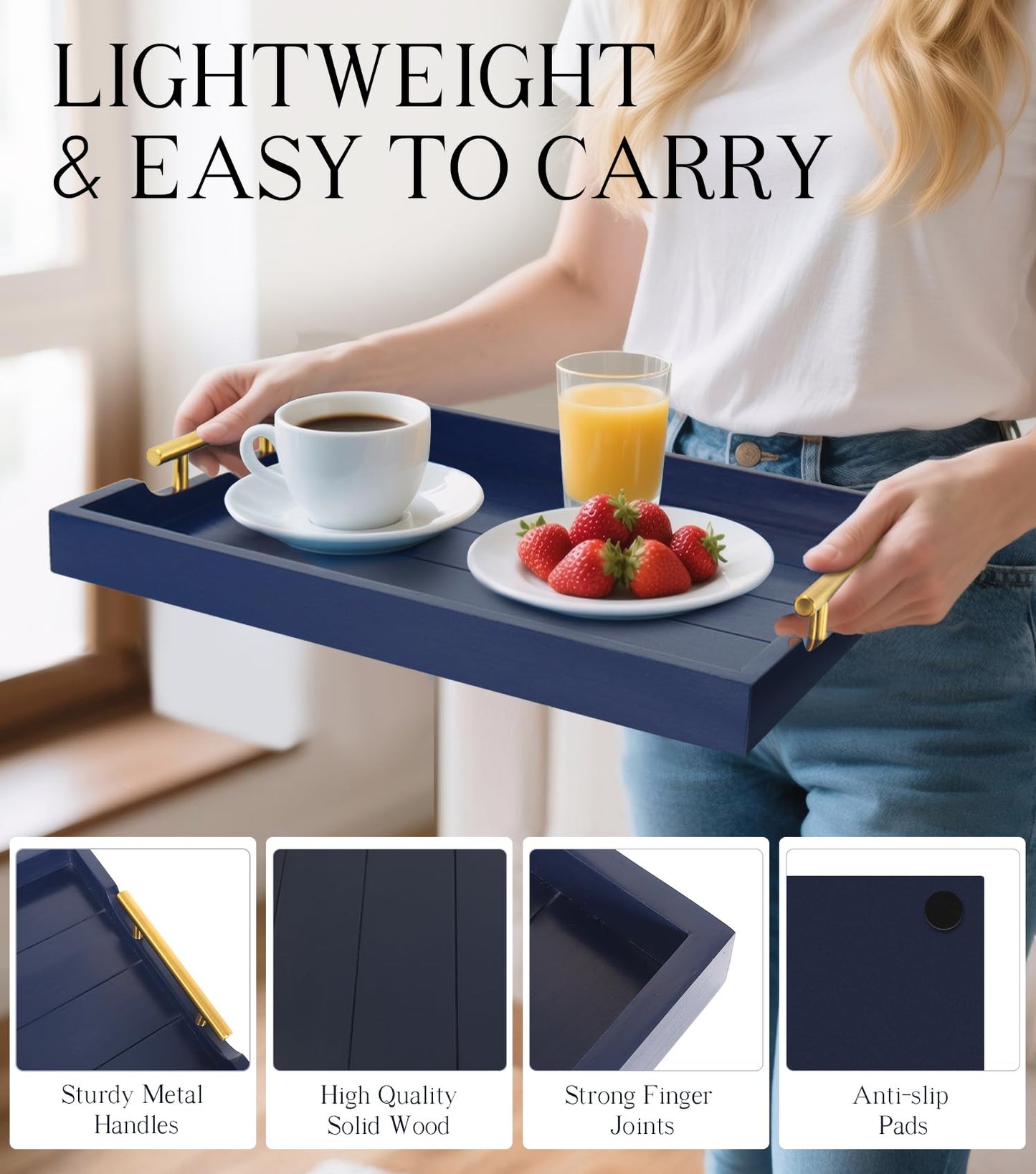 SXNOWS Coffee Table Tray - Large Ottoman Tray for Living Room - Wood Serving Tray with 2 Sets of Handles - Wooden Trays for Coffee Tables, 4 Round Coasters Included, Deep Blue