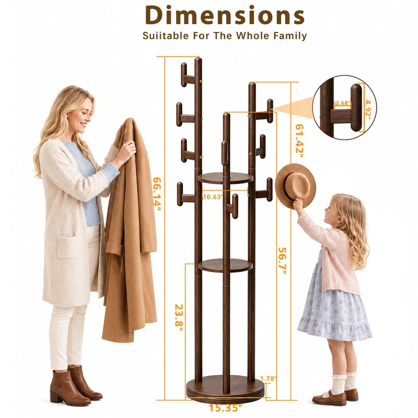 Wamhom Rotary Coat Rack Freestanding - Solid Wood Coat Tree with 9 hooks & 3 Storage Shelves for Purse, Bag, Jacket, Hat, Corner Hanger Stand Racks for Hall, Entryway, Office, Modern Clothes Holder
