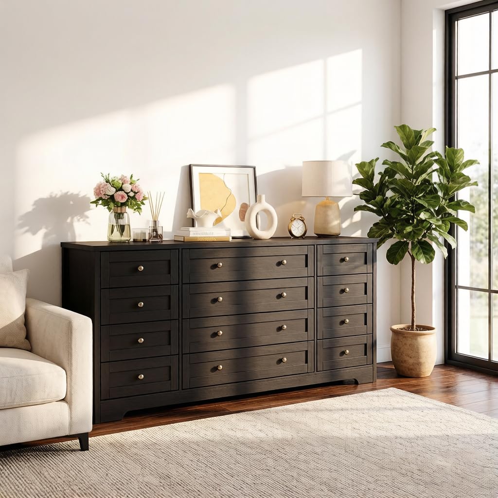 Garvee 12 Drawer Wooden Dressers for Bedroom, Black Dresser for Adult Bedroom, Modern Wood Chest of Drawers for Living Room, Closet, Entryway, Hallway, Farmhouse Wide TV Stand for 65 Inch TV