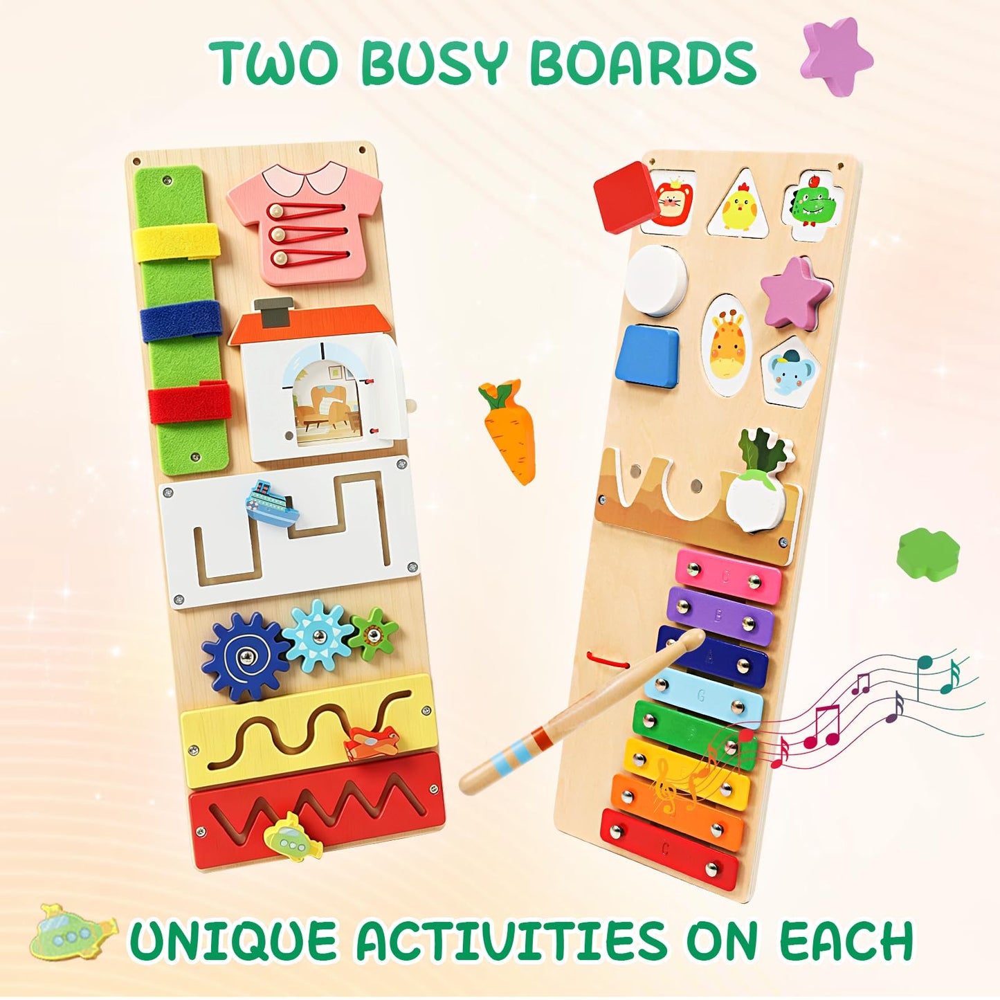 Montessori Busy Board for 1 Year Old, 2 Pcs Wooden Sensory Toys for Toddlers 1-3, Preschool Learning Activities Game for Fine Motor Skills, Birthday Easter Gifts for 1 2 3 4 Years Old Baby Boys Girls