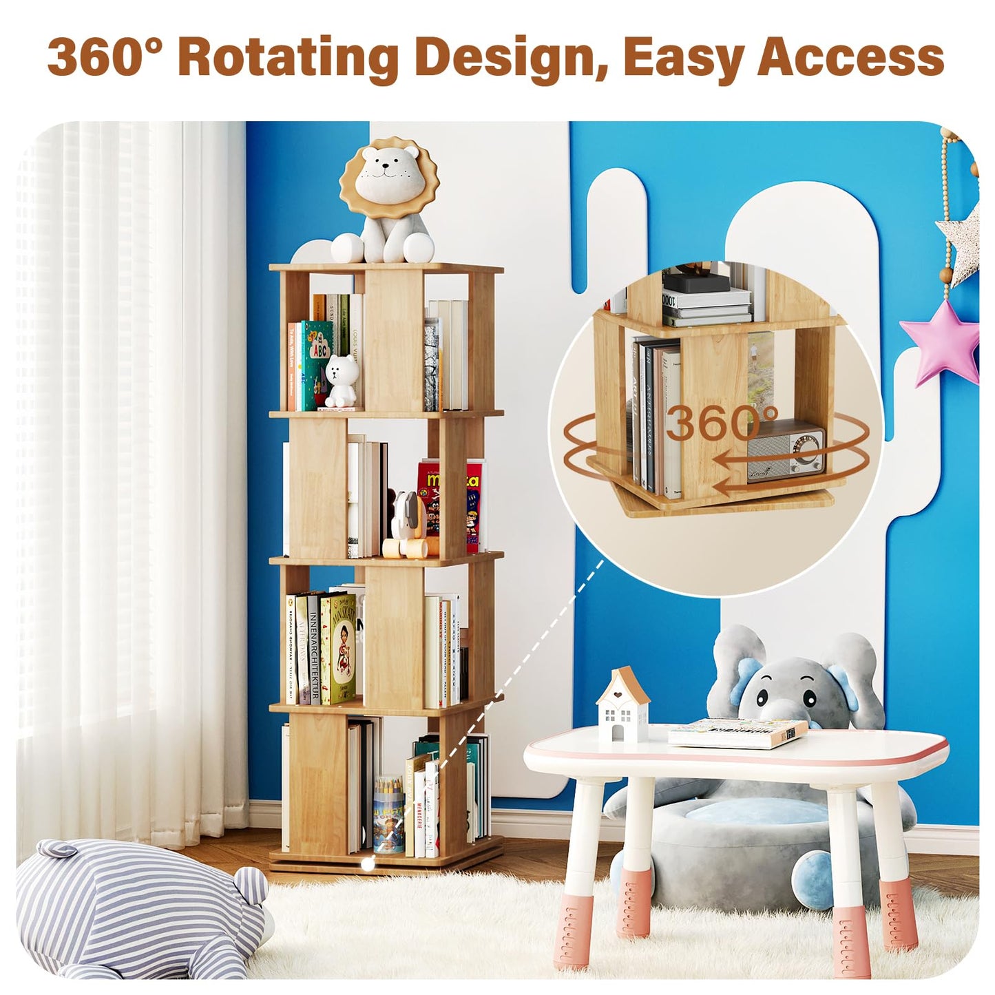 Natural Wooden 4-Tier 360° Rotating Bookshelf Tower, Stable Square Spinning Revolving Corner Bookcase, Floor Standing Narrow Storage Organizer for Kids & Adults, Space Saving Book Rack for Bedroom
