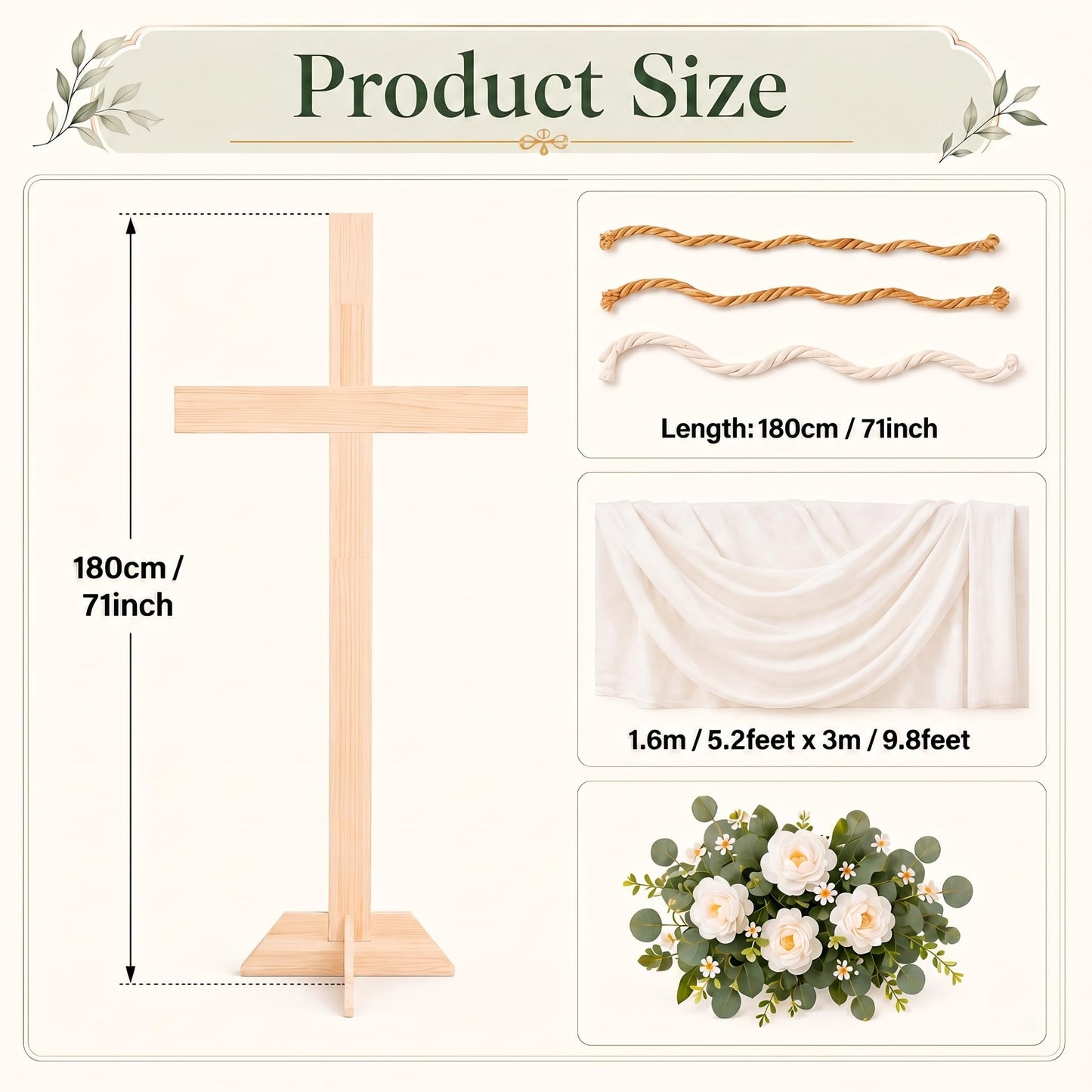 71 Inch Wedding Large Wood Cross, A Cord of Three Strands Wedding Ceremony Sign – White Chiffon Drape, Rose Flower Swags, Large Standing Christian Altar Cross for Outdoor Indoor Ceremony and Reception (White)