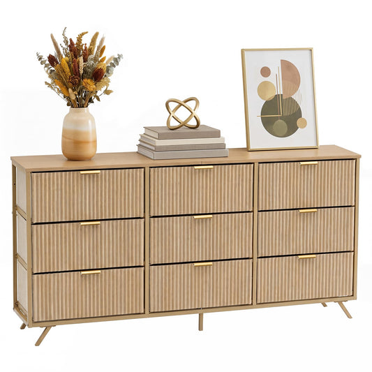 DUMOS Fabric Fluted Dresser, Modern Chest of 9 Fabric Drawers for Bedroom, Large Dressers with Metal Frame & Wooden Top, Storage Organizer Closet for Living Room, Entryway, Natural Oak