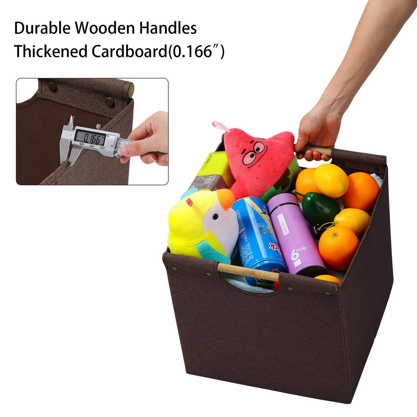 HOONEX Collapsible Storage Bins, 13x13x13 Inches Storage Cubes Linen Fabric, 3 Pack, Storage Baskets with Wooden Carry Handles and Sturdy Heavy Cardboard, for Home, Office, Car, Nursery, Brown