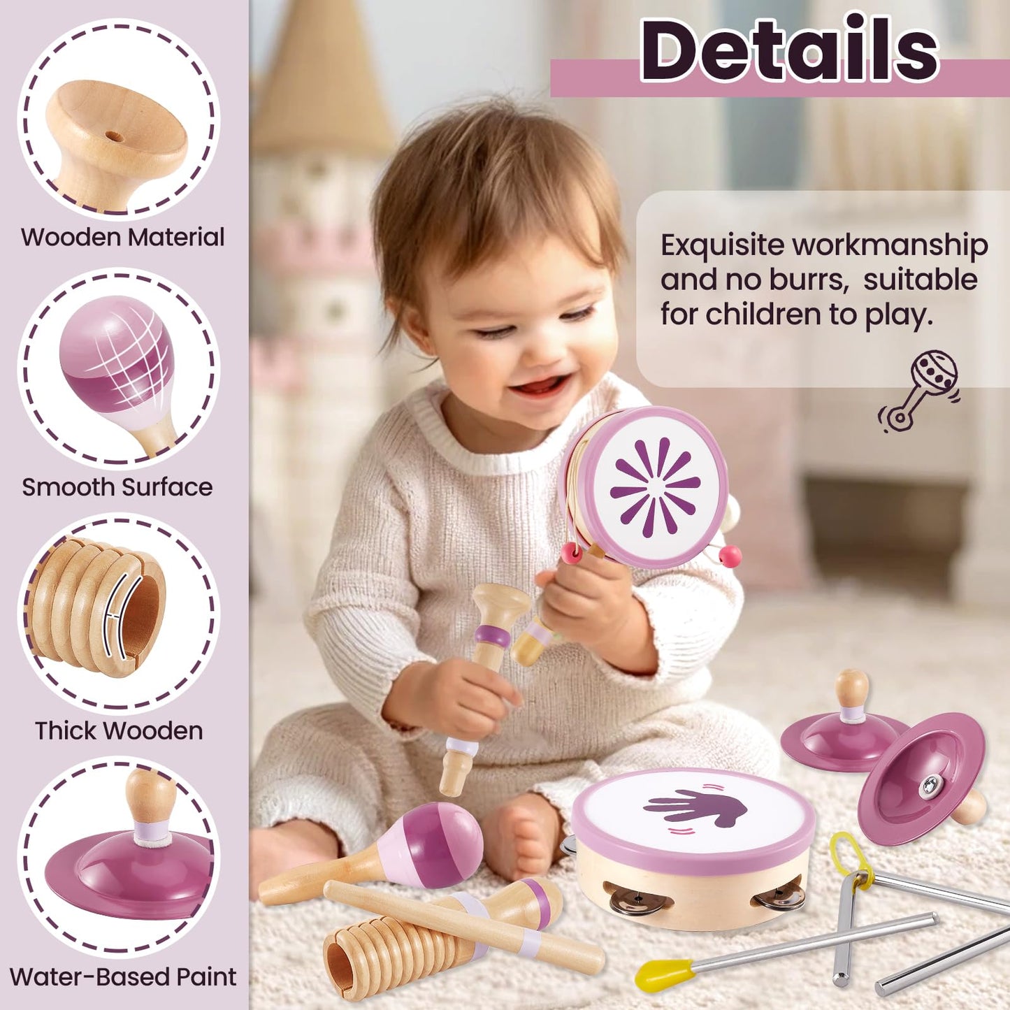 BUYGER Wooden Musical Instruments for Toddler 1-3, Baby Montessori Percussion Instruments Toys Music Educational Birthday Gifts for Ages 1 2 3 4 5+ Years Old Preschool Kids Boys Girls