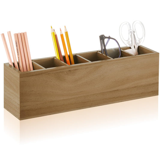 Jetec Wooden Pencil Pen Holder for Desk 6 Compartments Cosmetic Makeup Brush Stationery Office Desktop Organizers for Countertop Adjustable Silverware Caddy for Home and Party, Art Supplie(Wood Color)