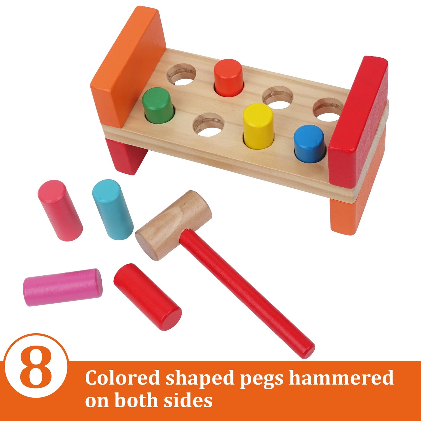 Hidoggy Wooden Hammer Toy for Toddlers 1-3, Montessori Pounding Bench Toy with 8 Pegs and Mallet for Hand-Eye Coordination, STEAM Toddler Toy