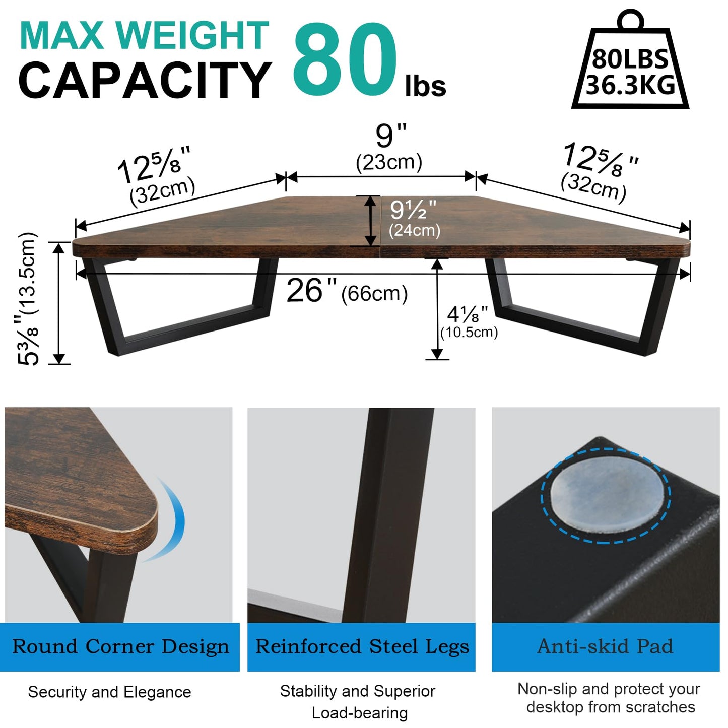 TEAMIX 26 inch Triangle Monitor Stand Riser, Desktop Corner Shelf with Metal Leg Wood Computer Stand with Storage Laptop Riser Office Organization