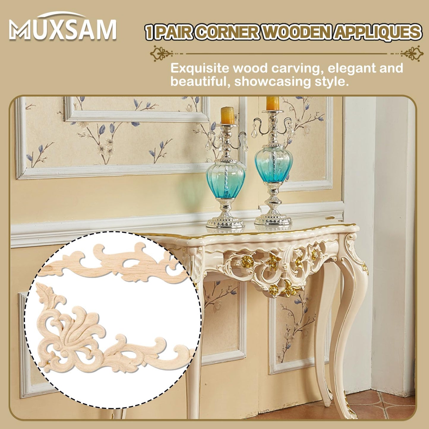 MUXSAM 1-Pair Wood Carved Onlays, 20x10cm/7.87"x3.94", Left&Right Decorated Furniture Appliques, Wooden Carving Corner Decals for Cabinet Drawer Cupboard Dresser Mirror Door Wall Bed DIY Projects