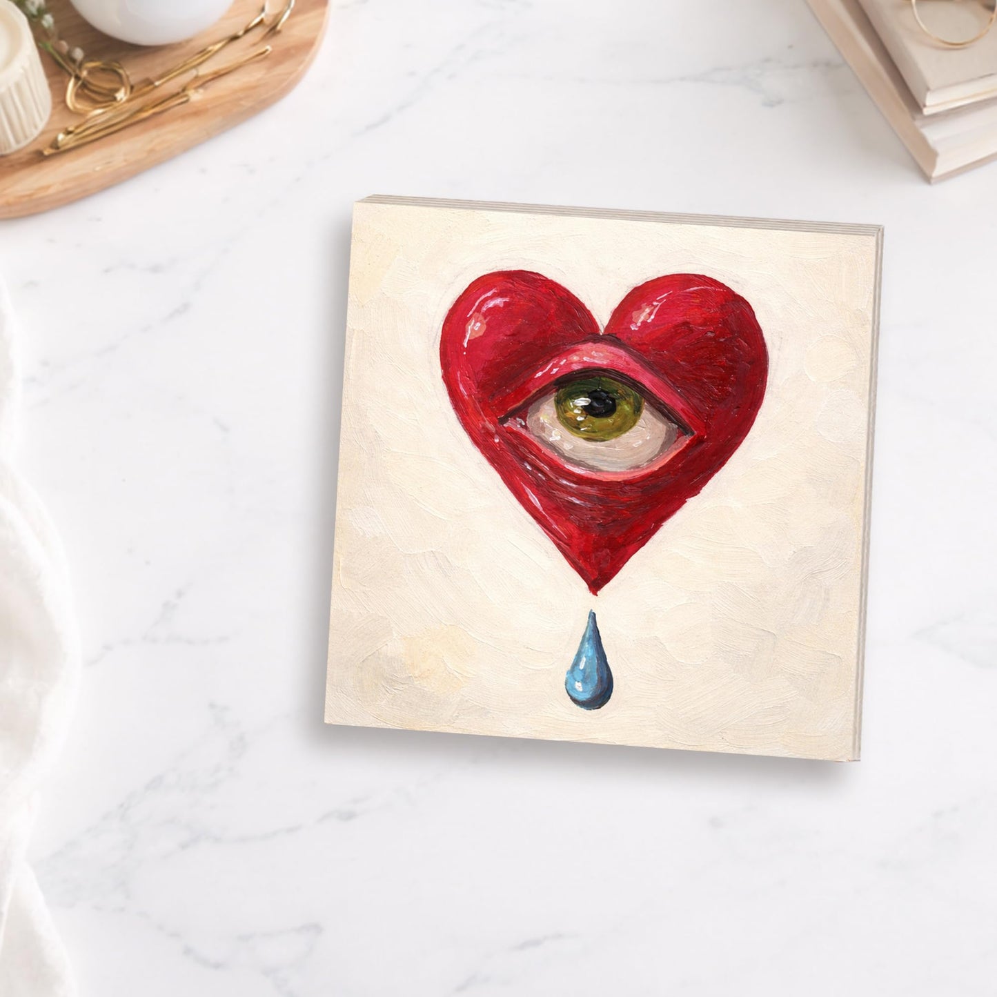 Surreal Heart Eye Wooden Block Sign, Emotional Love Art Decor, Abstract Crying Heart Design Shelf Sitter, Modern Home Table Mantel Tiered Tray Accent Gift for Art Lover