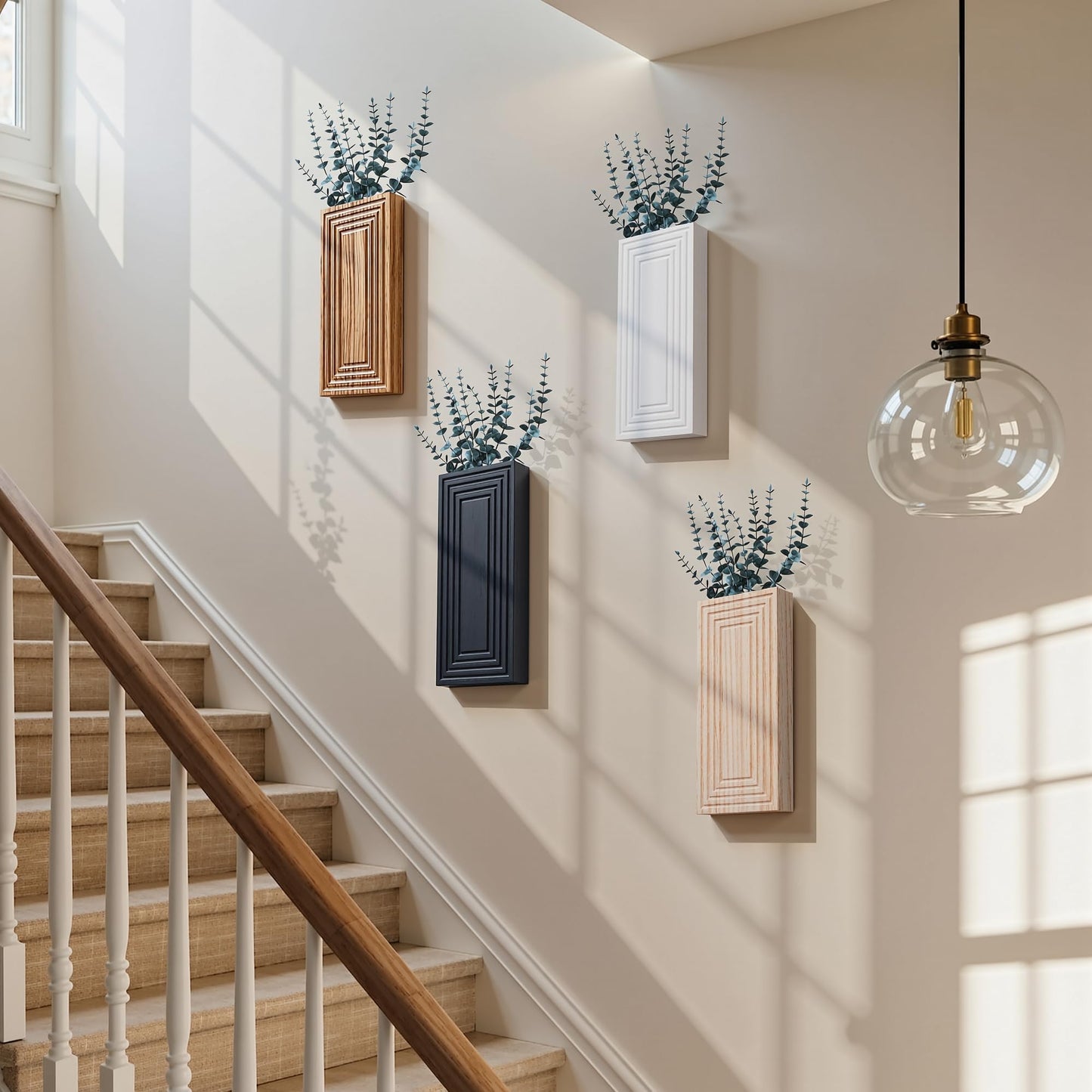 FancyPlus Wooden Wall Planter Vase, 2 Pack Brown Wood Hanging Vases with Fake Eucalyptus for Indoor Modern Boho Farmhouse Wall Art Decor for Home Indoor Kitchen Modern Farmhouse Bathroom
