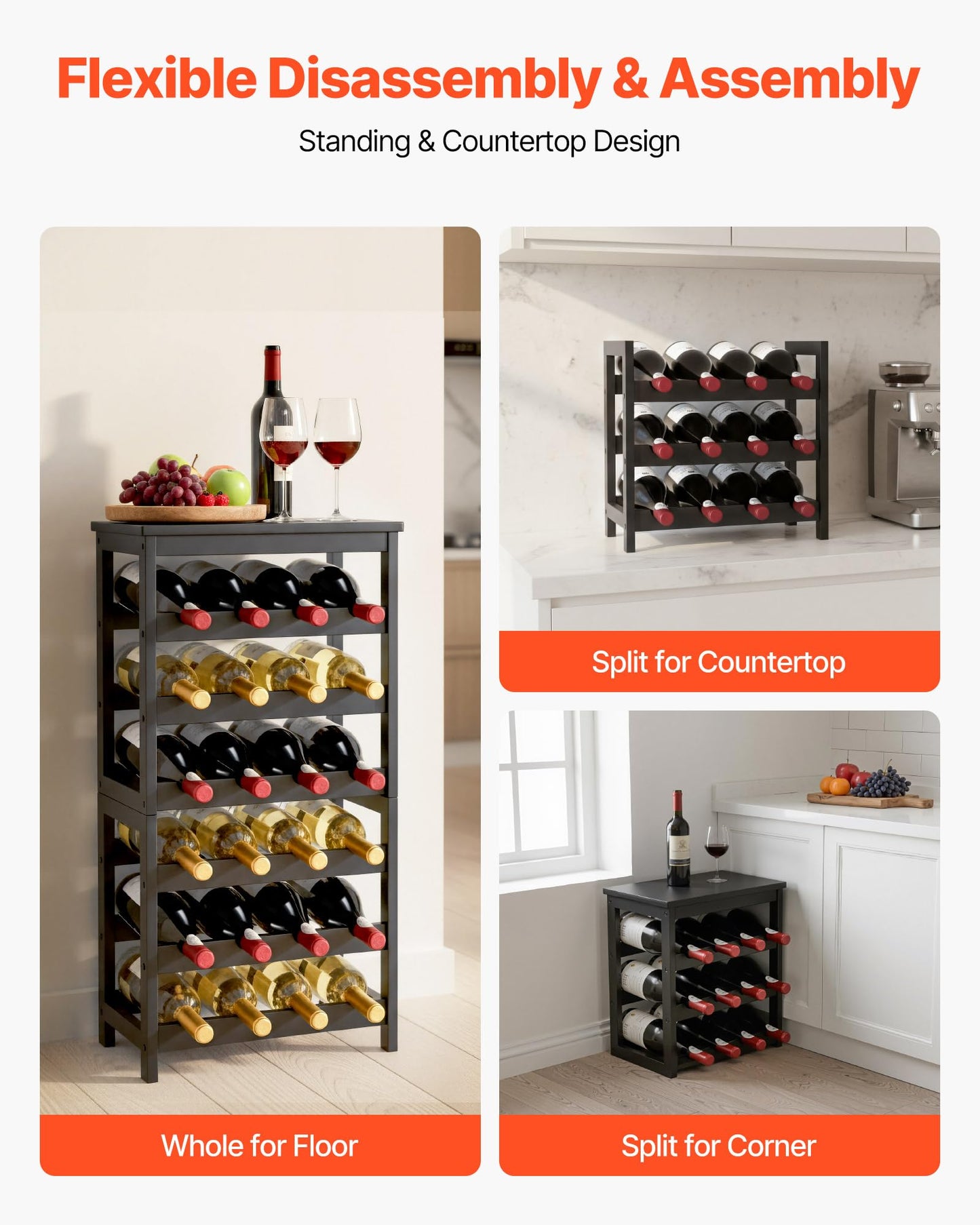VEVOR 24 Bottle Detachable Wine Rack, 6-Tier Wine Bottle Holder,Solid Bamboo Wood Freestanding Floor Display Wine Storage Shelves with Table Top, for Kitchen,Cellar,Bar,Dining Room,Living Room(Black)