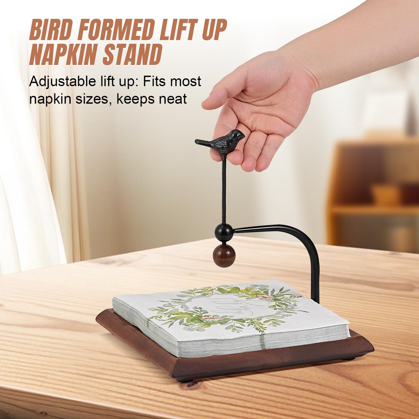 Tocemei Napkin Holder for Table with Unique Bird - shaped Design, Cocktail Napkin Holder. Wooden Base & Iron Build Ensure Stability and Durability. A Tasteful Decor for Kitchen, Living Room and Garden