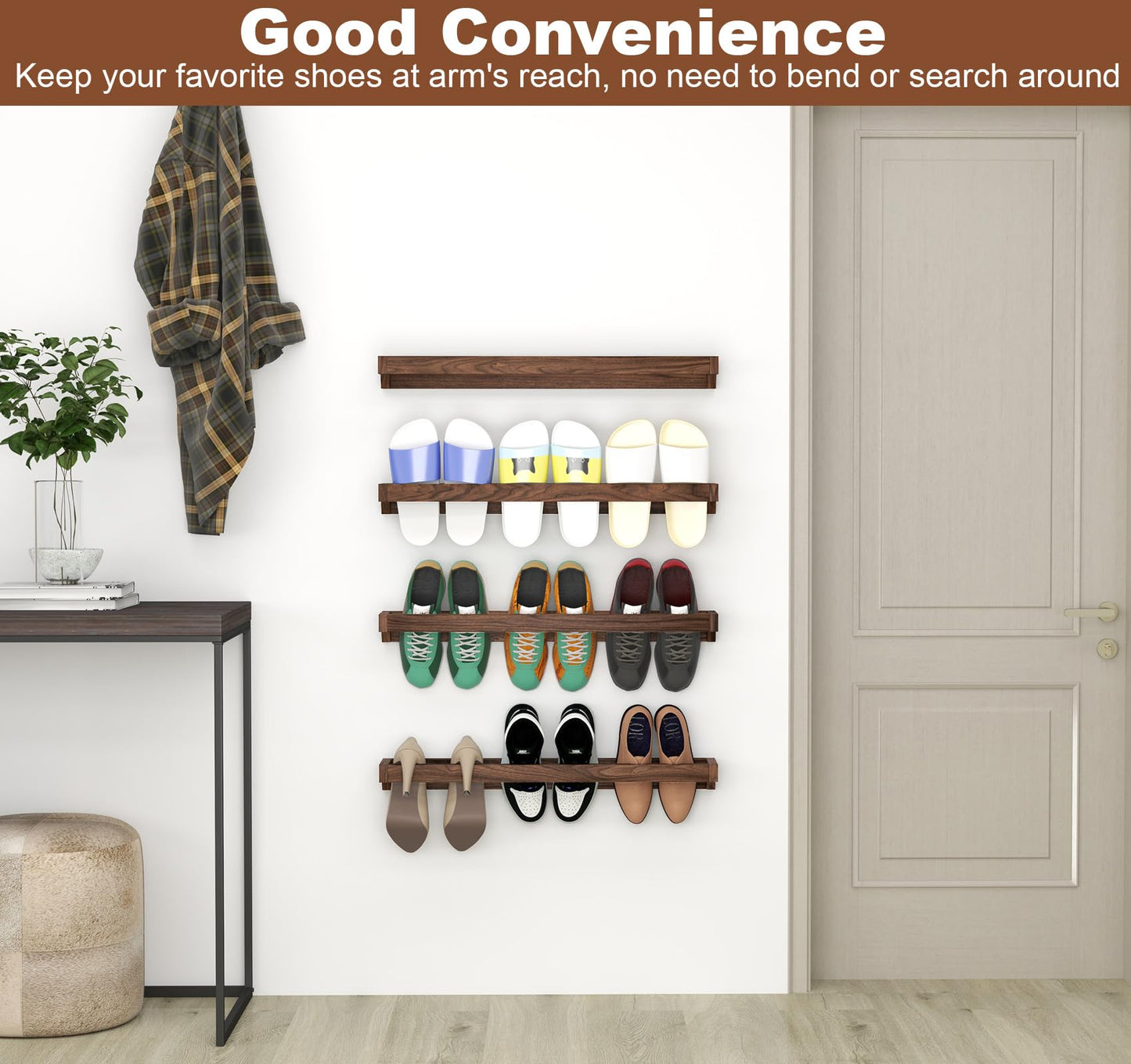lesolar Wall Mounted Shoe Rack 30in, Hanging Shoe Organizer Rack 4 Pack, Solid Wood Shoe Storage Rack Rustic Burnt, Wooden Shoe Shelf Rack, Hanging Shoe Organizer Holder for Closet Door RV Entryway