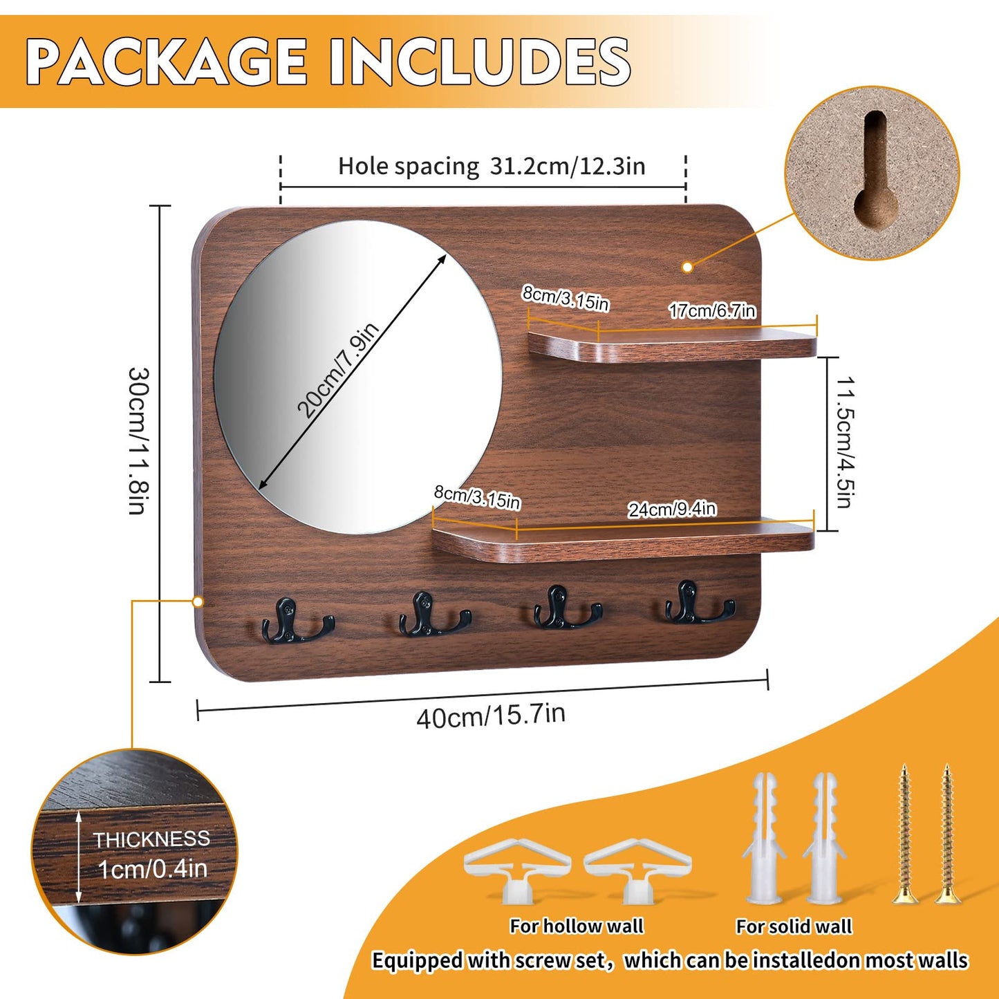 YeadCedle Coat Rack with Shelf Rustic Wooden Wall Mounted Hanging Coat Rack with Mirror Shelves and 4 Double Hooks Decorative Entryway Hook Shelf for Hallway Living Room Bedroom 16"x12" (Brown S)
