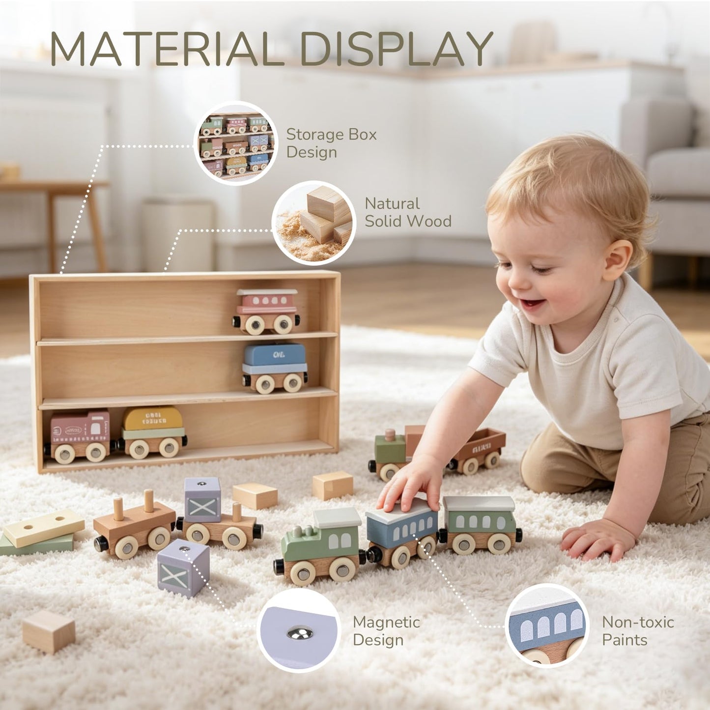 Wooden Train Set for Toddlers, 12PCS Montessori Magnetic Train Cars with Storage Gift Box, Compatible with Major Brands, Wooden Baby Stacking Blocks Toy, Birthday Gift for Boys Girls Ages 1-3 3-5+